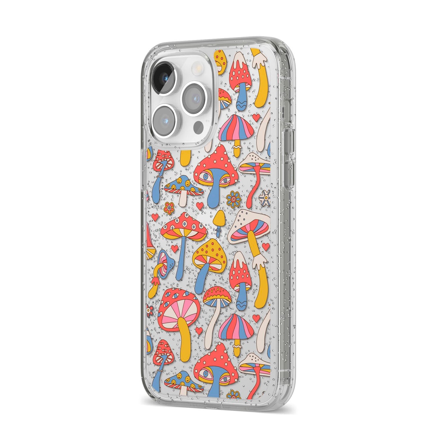 Mushroom Pattern iPhone 14 Pro Max Glitter Tough Case Silver Angled Image