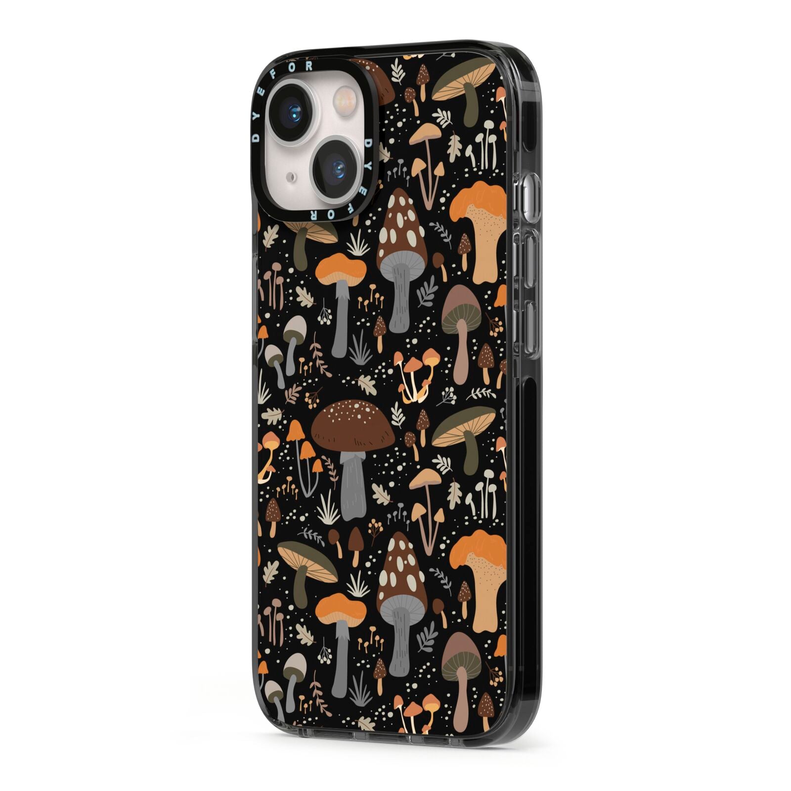 Mushroom iPhone 13 Black Impact Case Side Angle on Silver phone