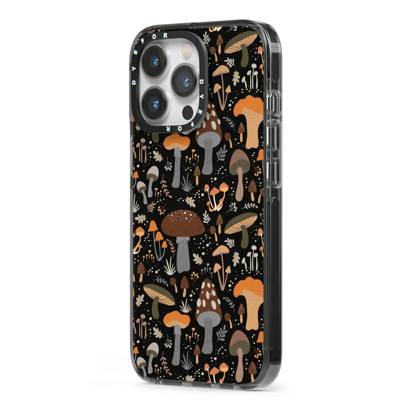 Mushroom iPhone 13 Pro Black Impact Case Side Angle on Silver phone