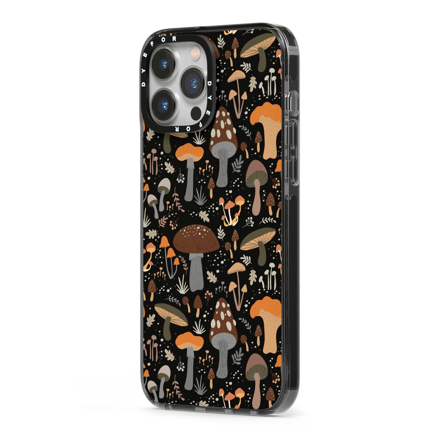 Mushroom iPhone 13 Pro Max Black Impact Case Side Angle on Silver phone