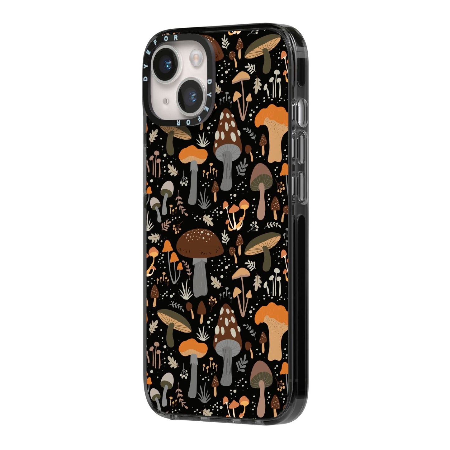 Mushroom iPhone 14 Black Impact Case Side Angle on Silver phone