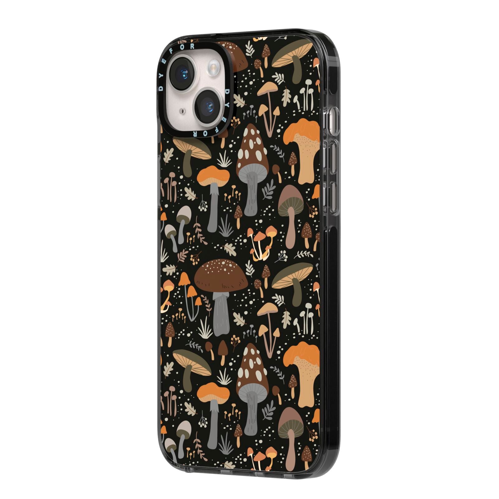 Mushroom iPhone 14 Plus Black Impact Case Side Angle on Silver phone