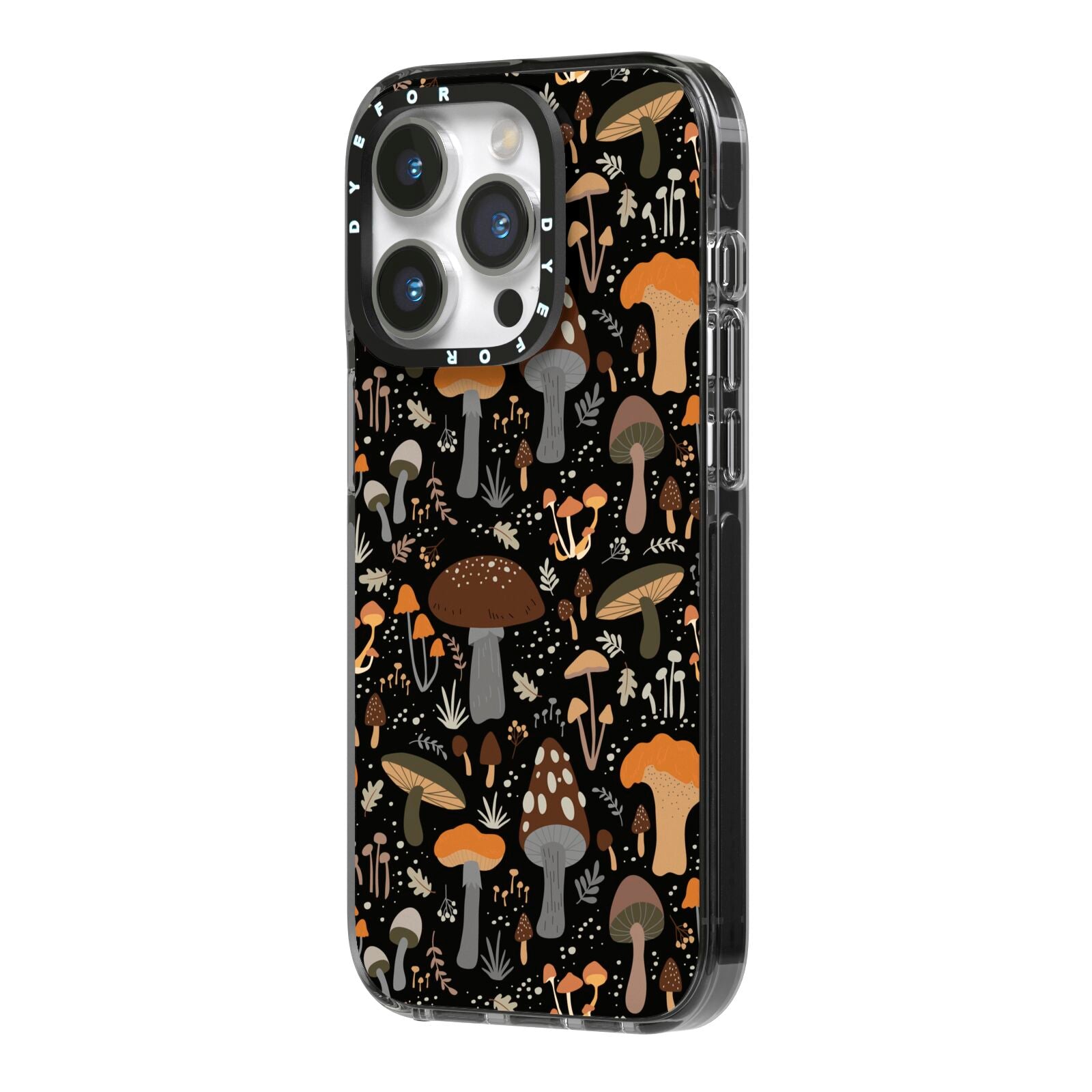 Mushroom iPhone 14 Pro Black Impact Case Side Angle on Silver phone