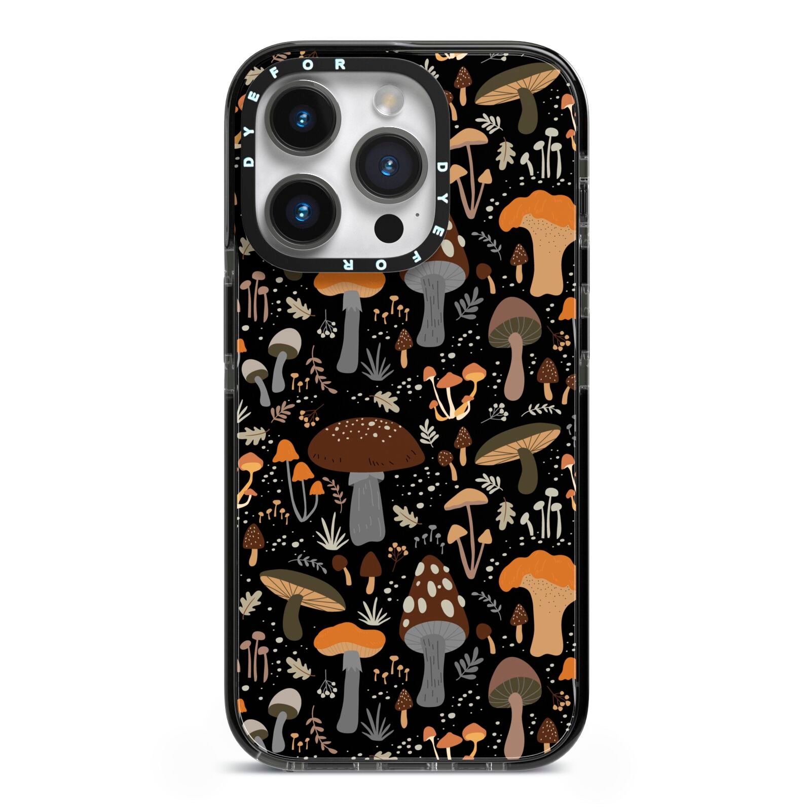 Mushroom iPhone 14 Pro Black Impact Case on Silver phone