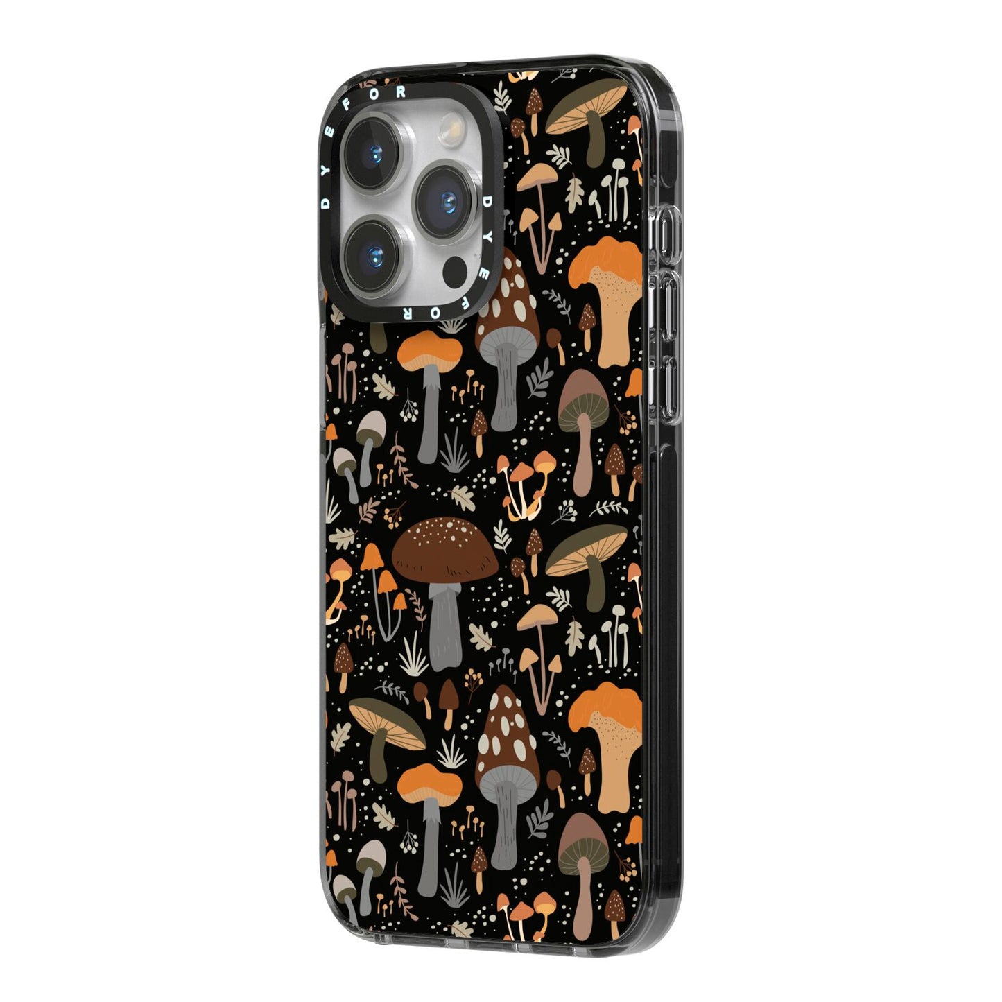 Mushroom iPhone 14 Pro Max Black Impact Case Side Angle on Silver phone