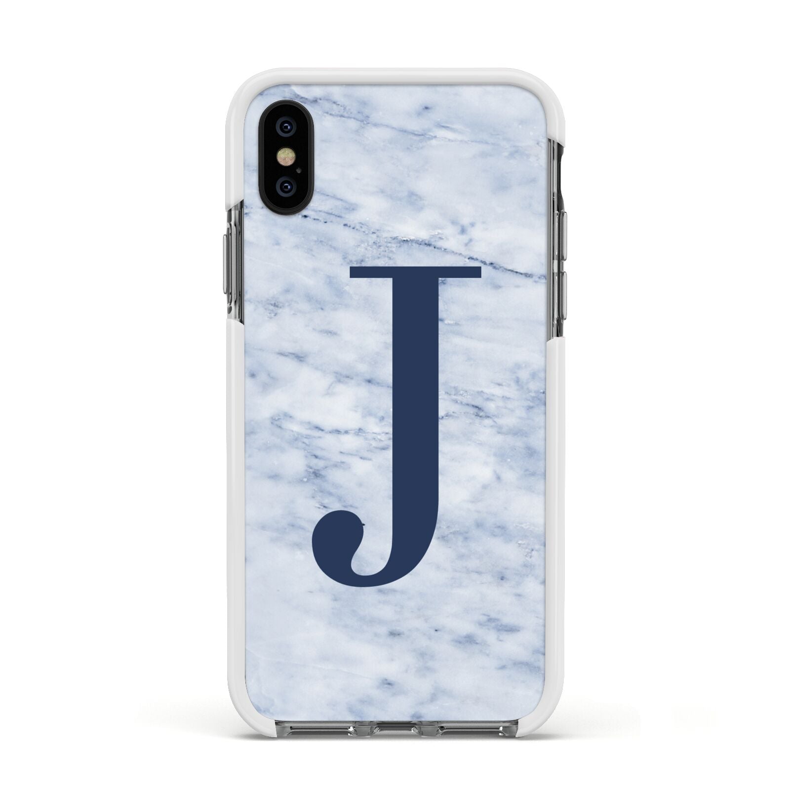 Navy Blue Single Initial Apple iPhone Xs Impact Case White Edge on Black Phone