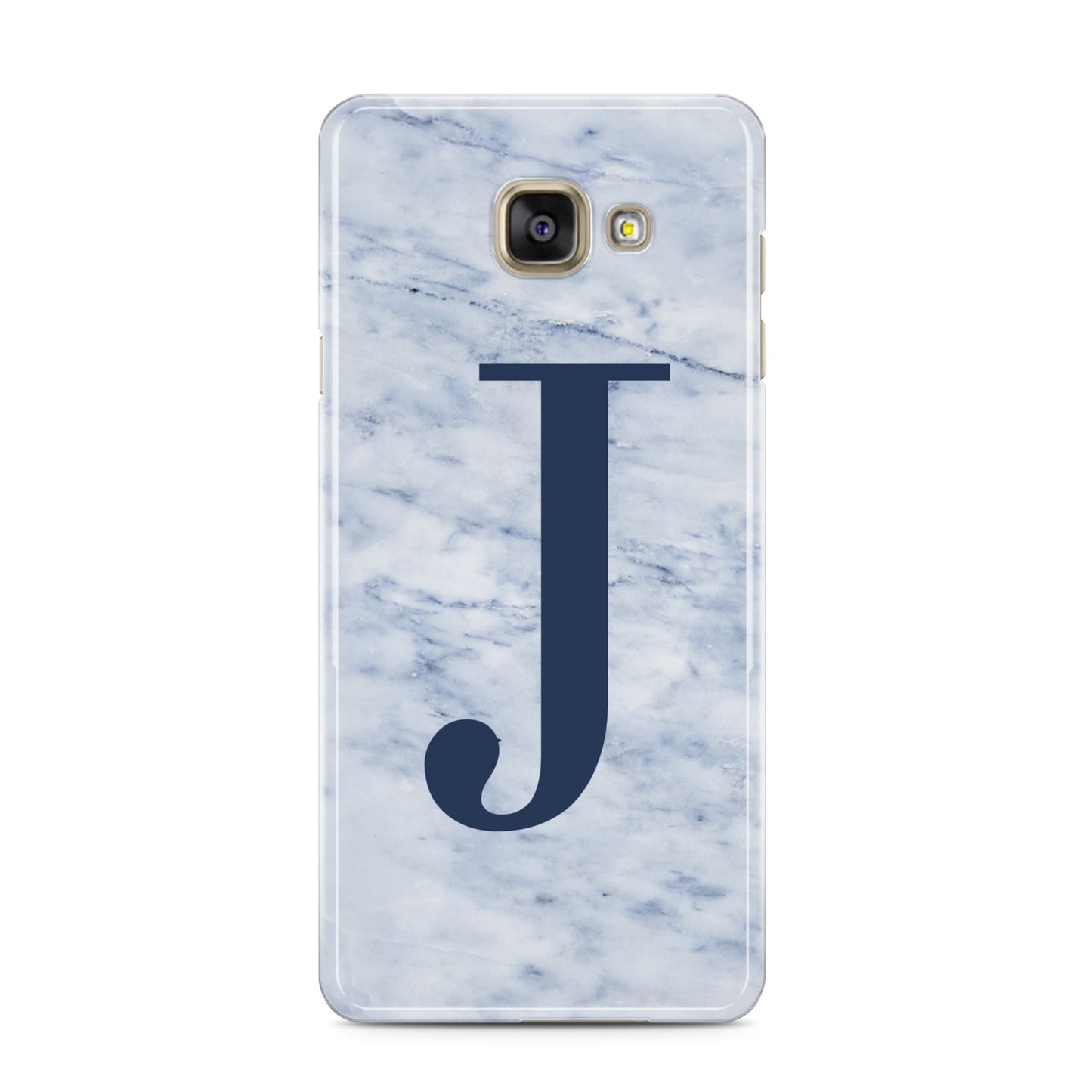 Navy Blue Single Initial Samsung Galaxy A3 2016 Case on gold phone