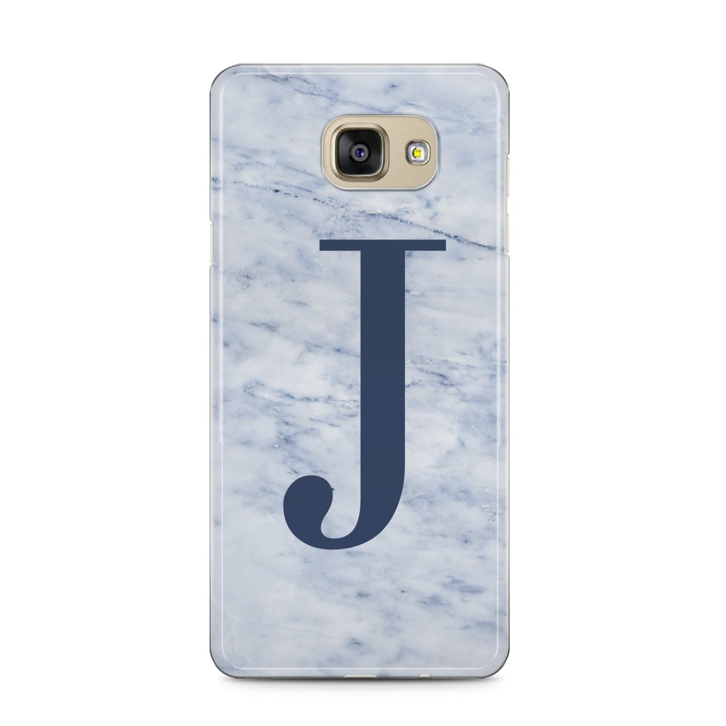 Navy Blue Single Initial Samsung Galaxy A5 2016 Case on gold phone