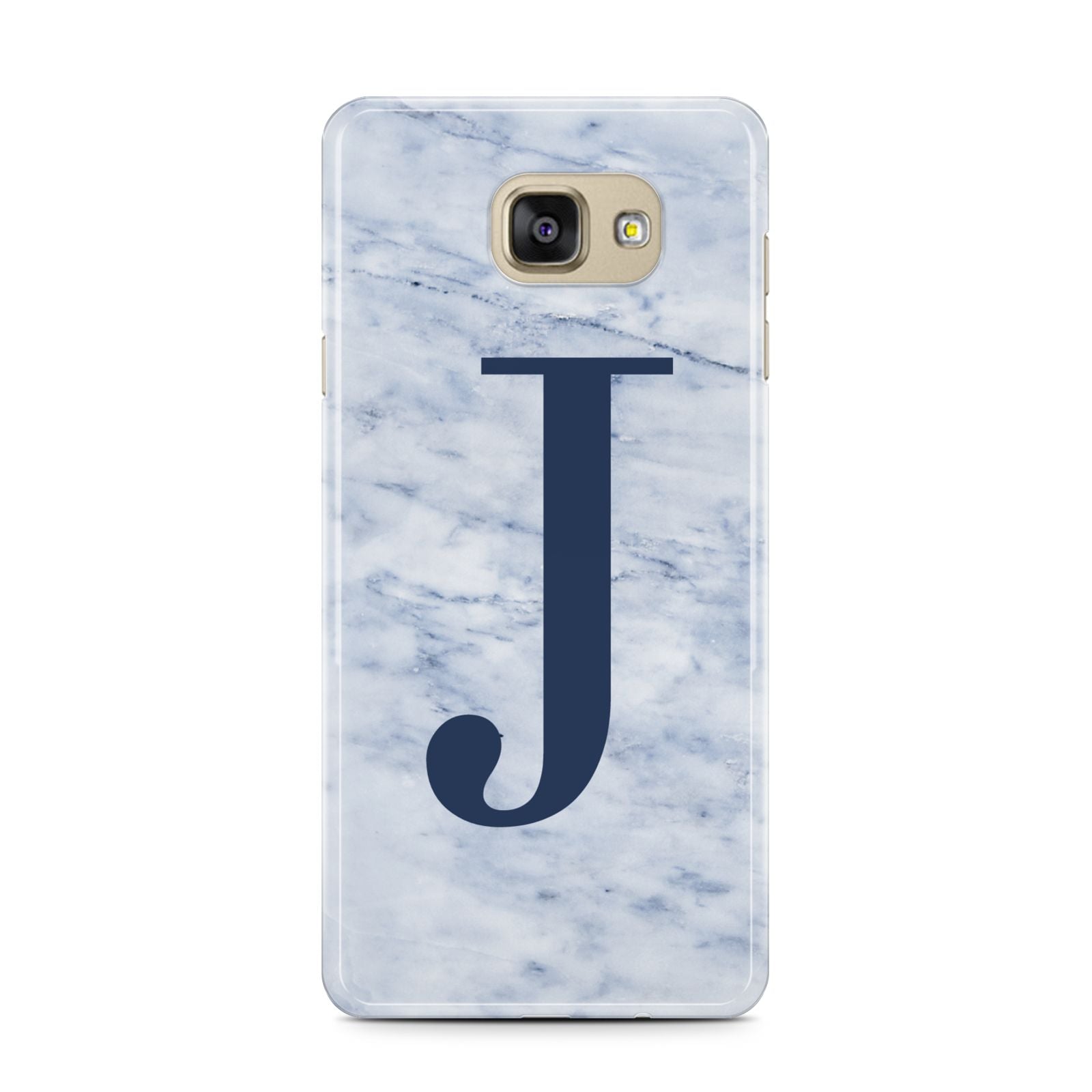 Navy Blue Single Initial Samsung Galaxy A7 2016 Case on gold phone