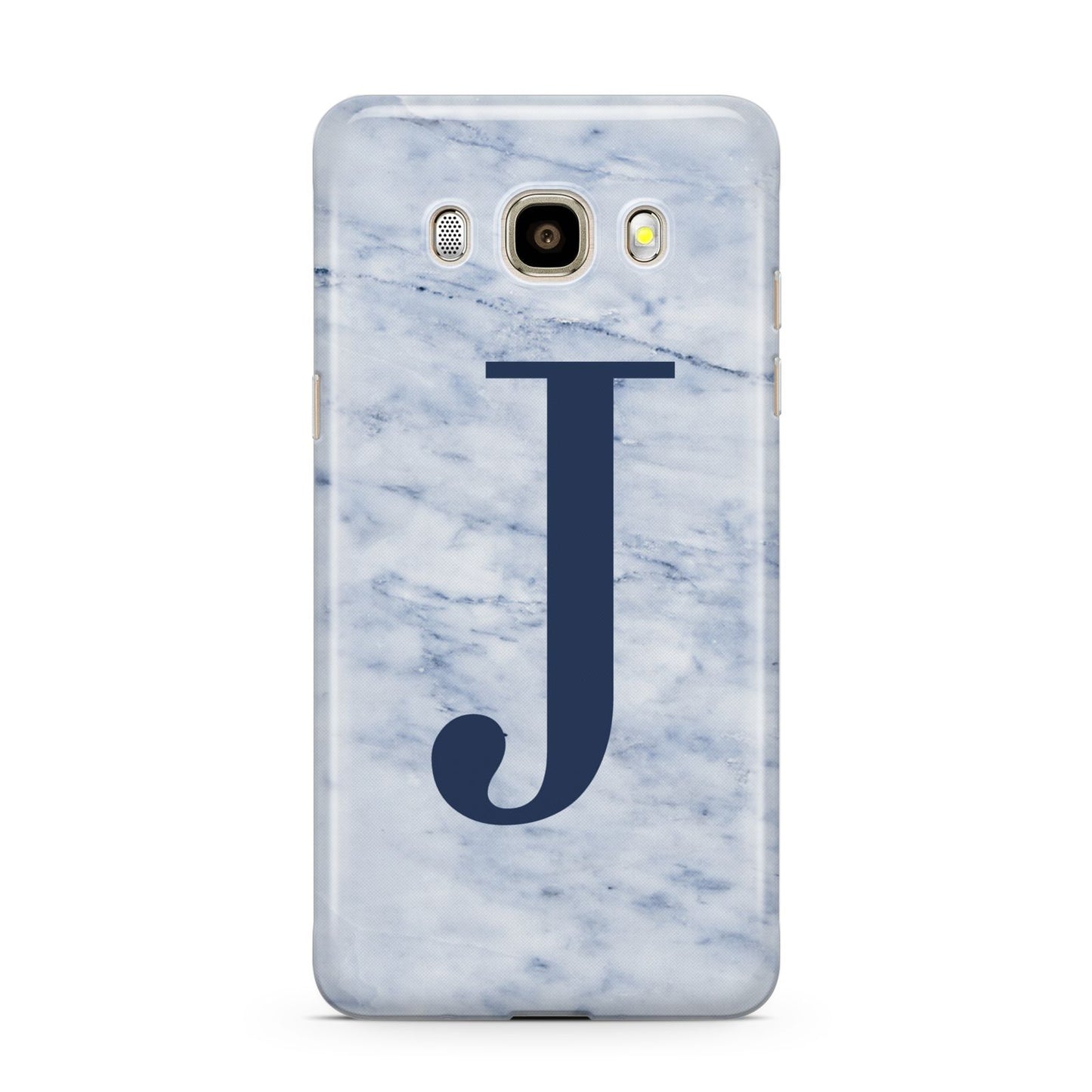 Navy Blue Single Initial Samsung Galaxy J7 2016 Case on gold phone