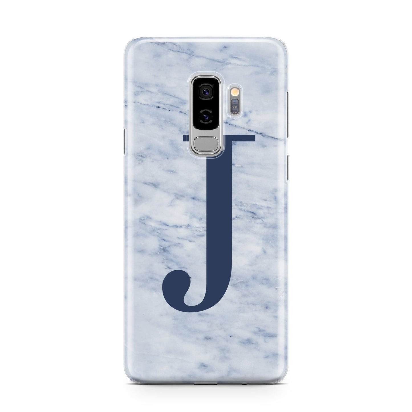 Navy Blue Single Initial Samsung Galaxy S9 Plus Case on Silver phone