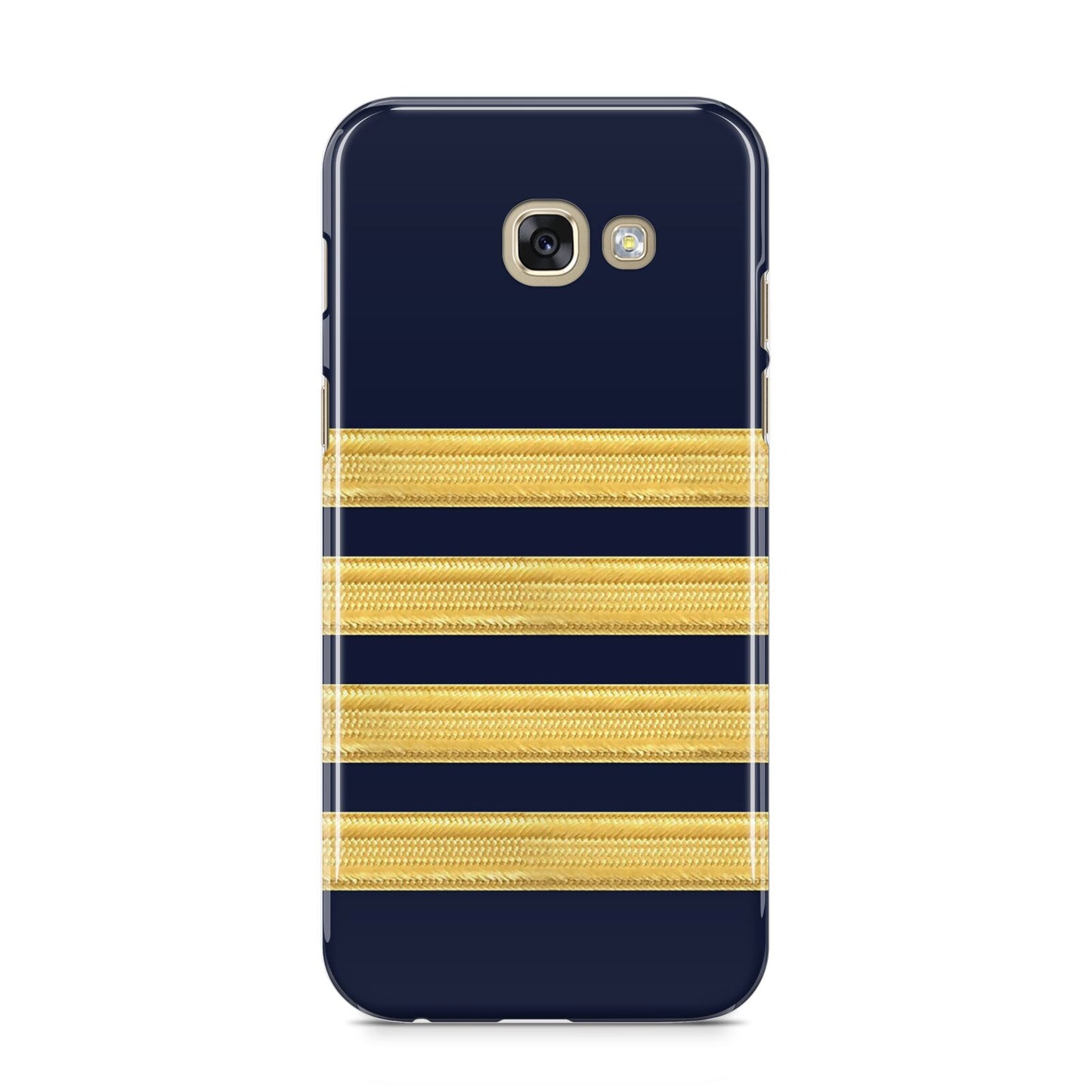 Navy and Gold Pilot Stripes Samsung Galaxy A5 2017 Case on gold phone