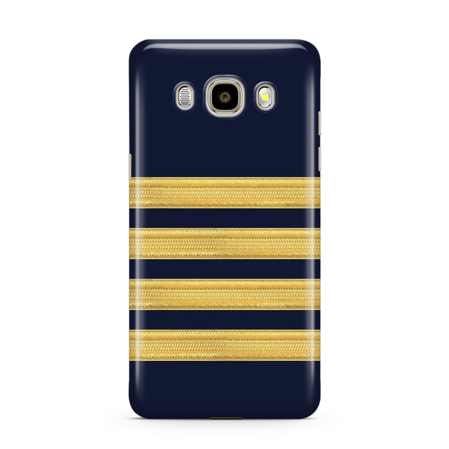 Navy and Gold Pilot Stripes Samsung Galaxy J7 2016 Case on gold phone