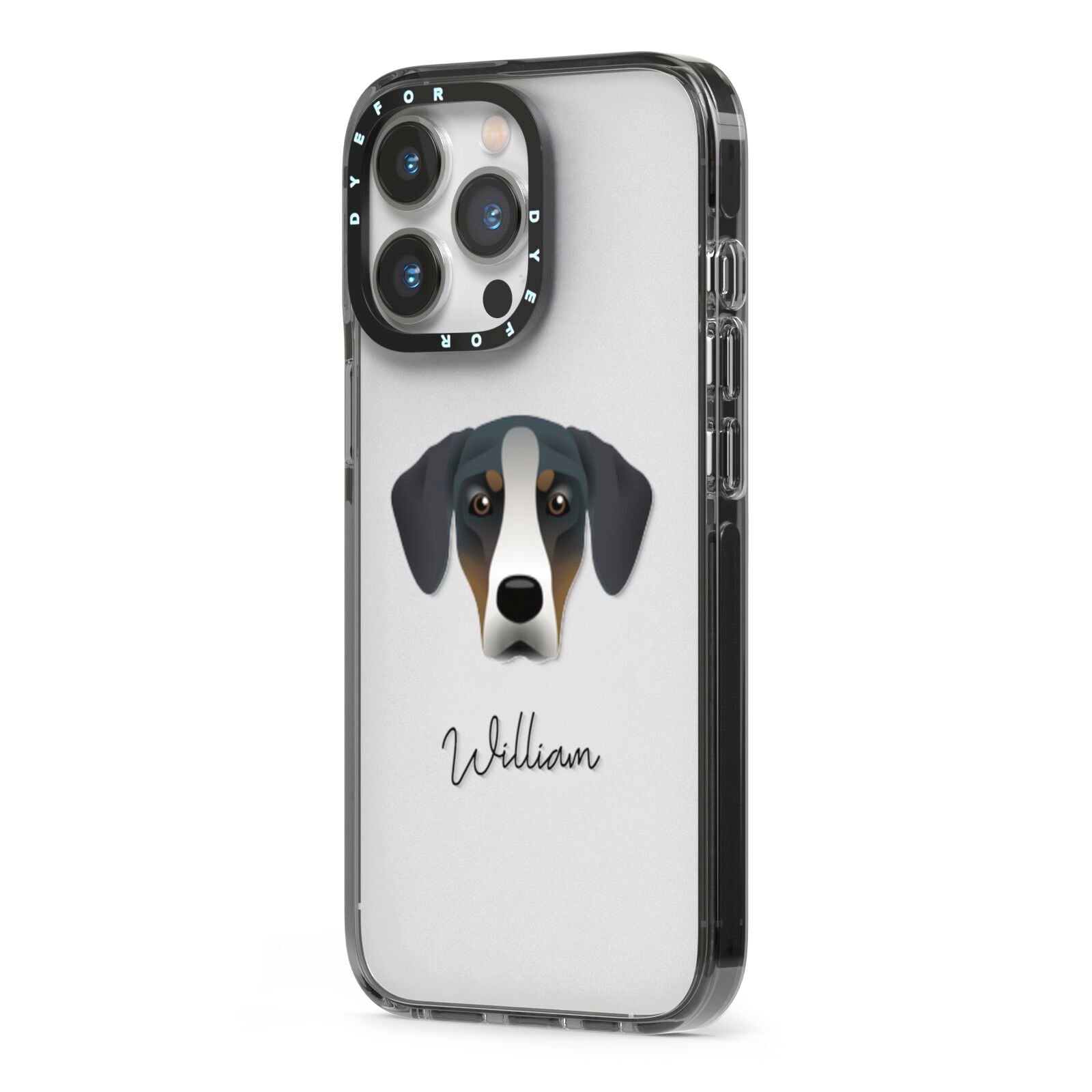 New Zealand Huntaway Personalised iPhone 13 Pro Black Impact Case Side Angle on Silver phone