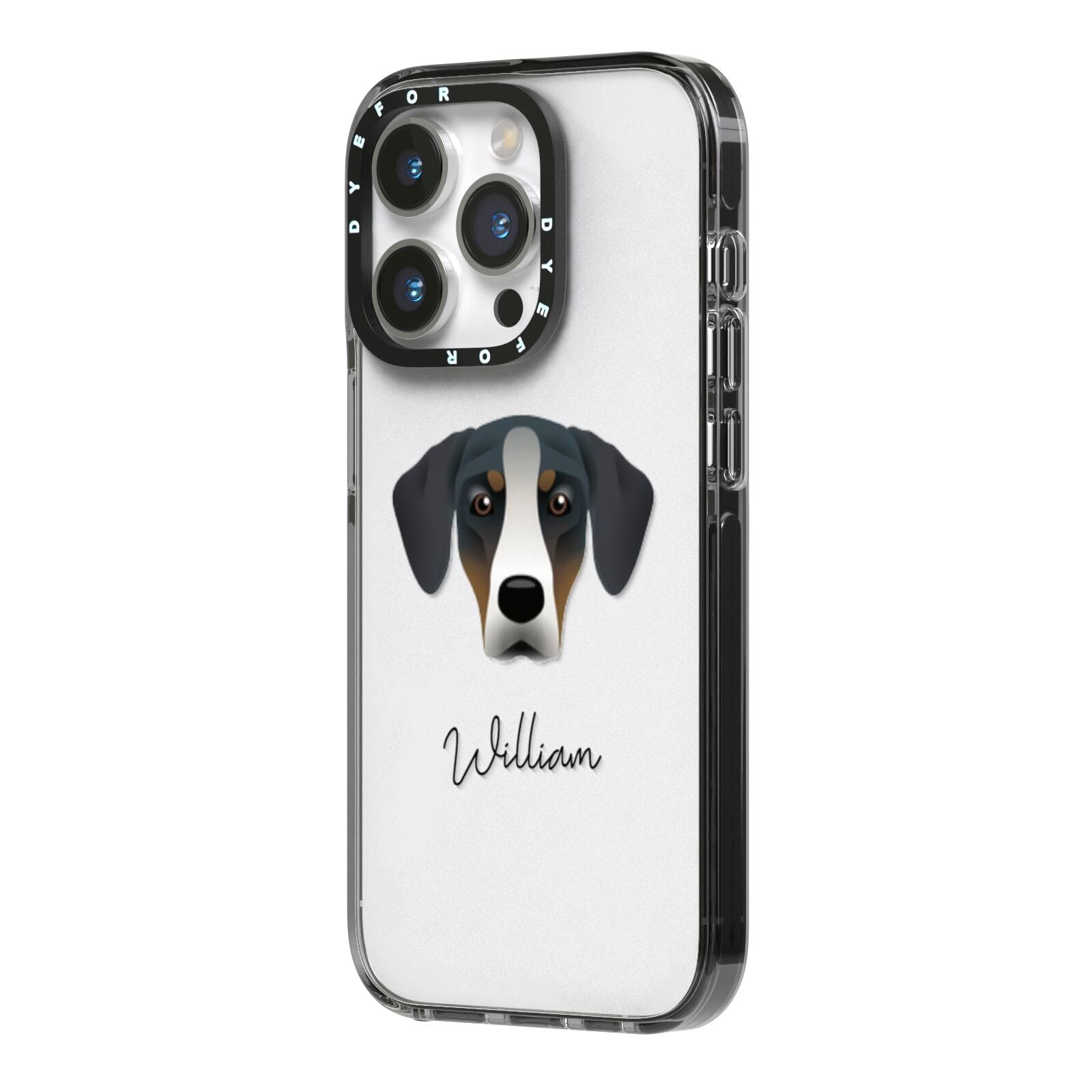 New Zealand Huntaway Personalised iPhone 14 Pro Black Impact Case Side Angle on Silver phone