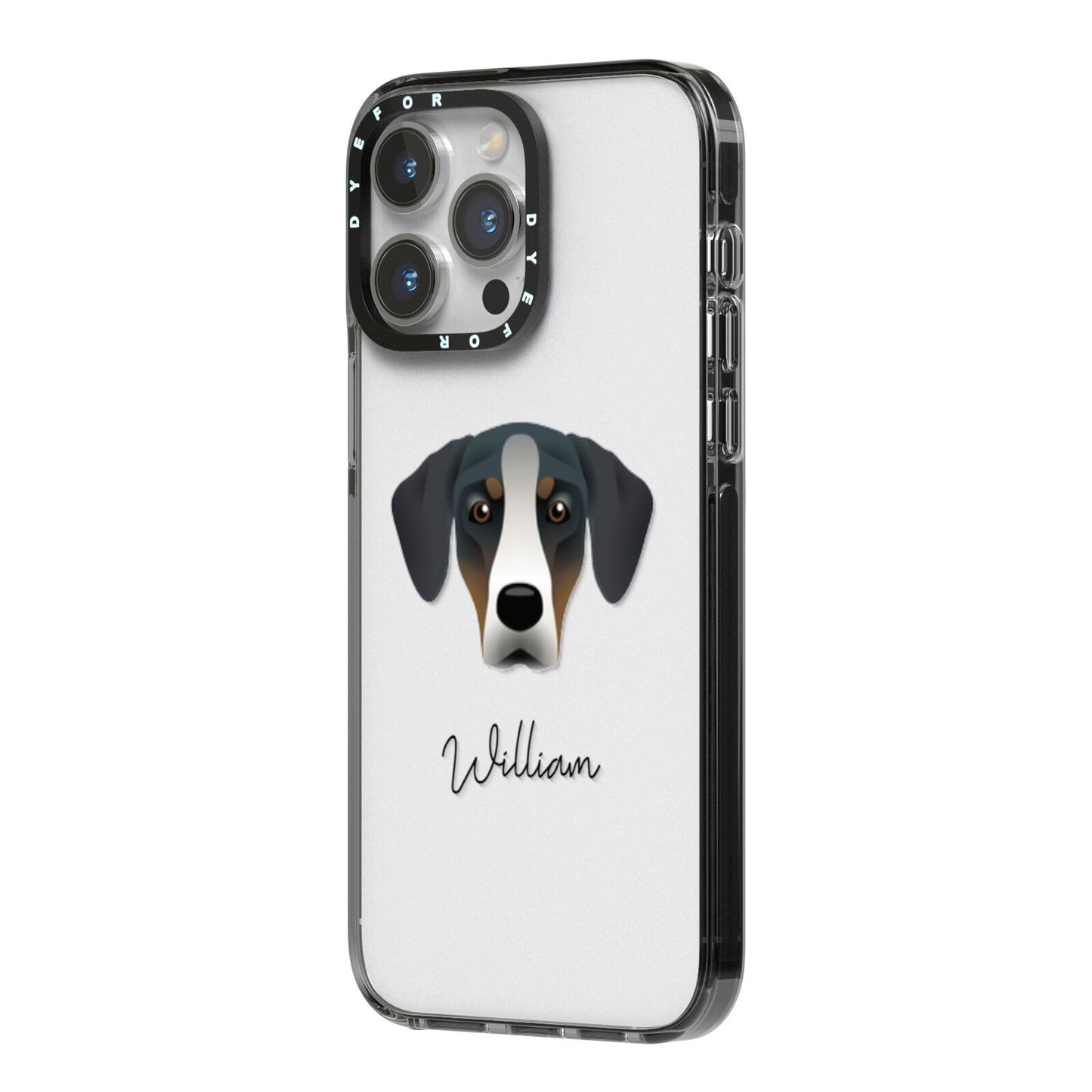 New Zealand Huntaway Personalised iPhone 14 Pro Max Black Impact Case Side Angle on Silver phone