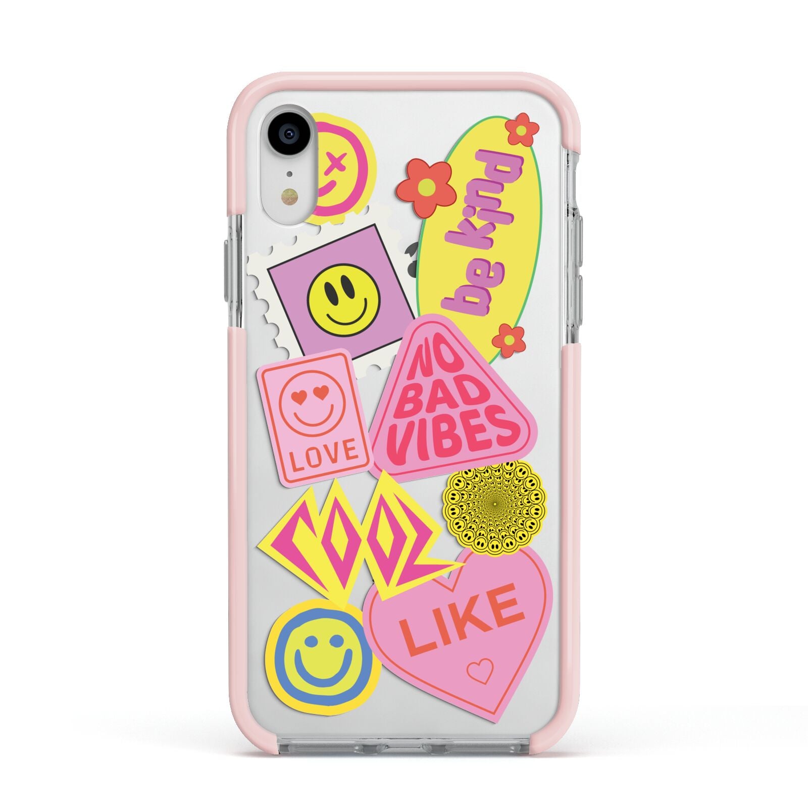 No Bad Vibes Sticker Apple iPhone XR Impact Case Pink Edge on Silver Phone