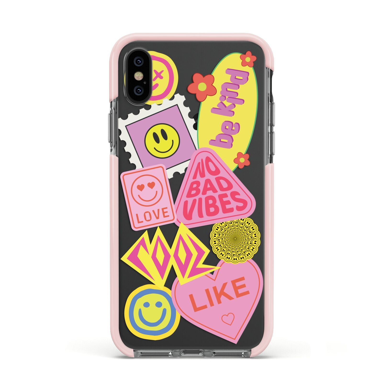 No Bad Vibes Sticker Apple iPhone Xs Impact Case Pink Edge on Black Phone