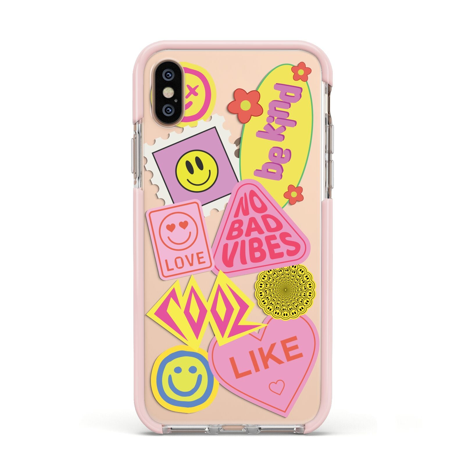 No Bad Vibes Sticker Apple iPhone Xs Impact Case Pink Edge on Gold Phone