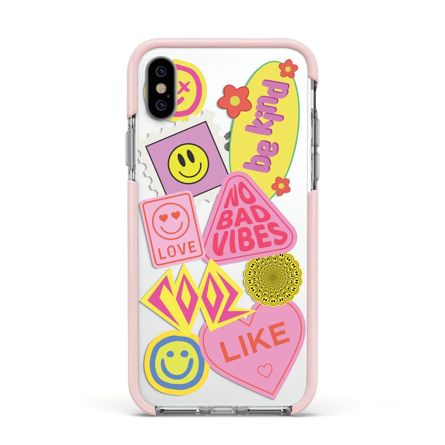 No Bad Vibes Sticker Apple iPhone Xs Impact Case Pink Edge on Silver Phone