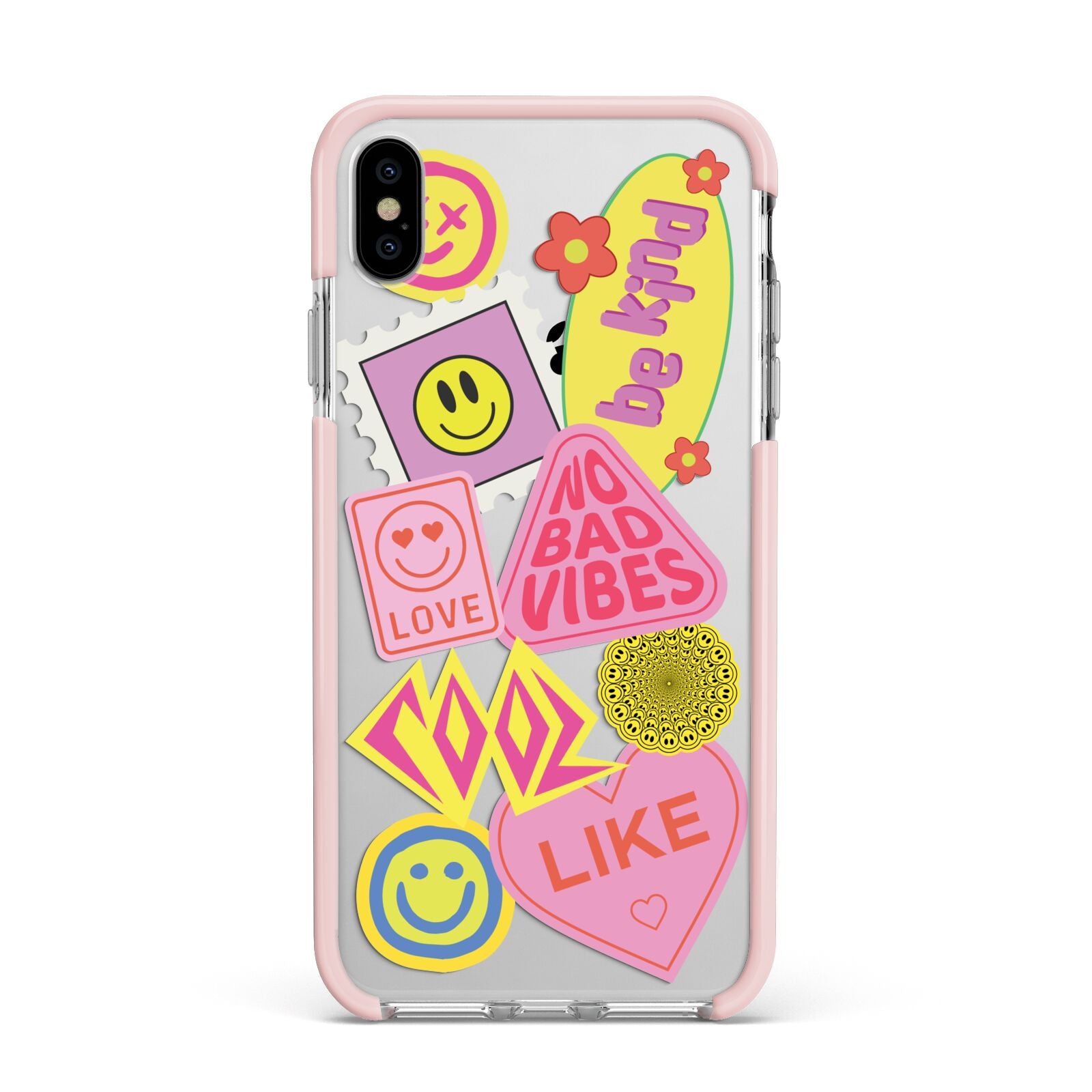 No Bad Vibes Sticker Apple iPhone Xs Max Impact Case Pink Edge on Silver Phone