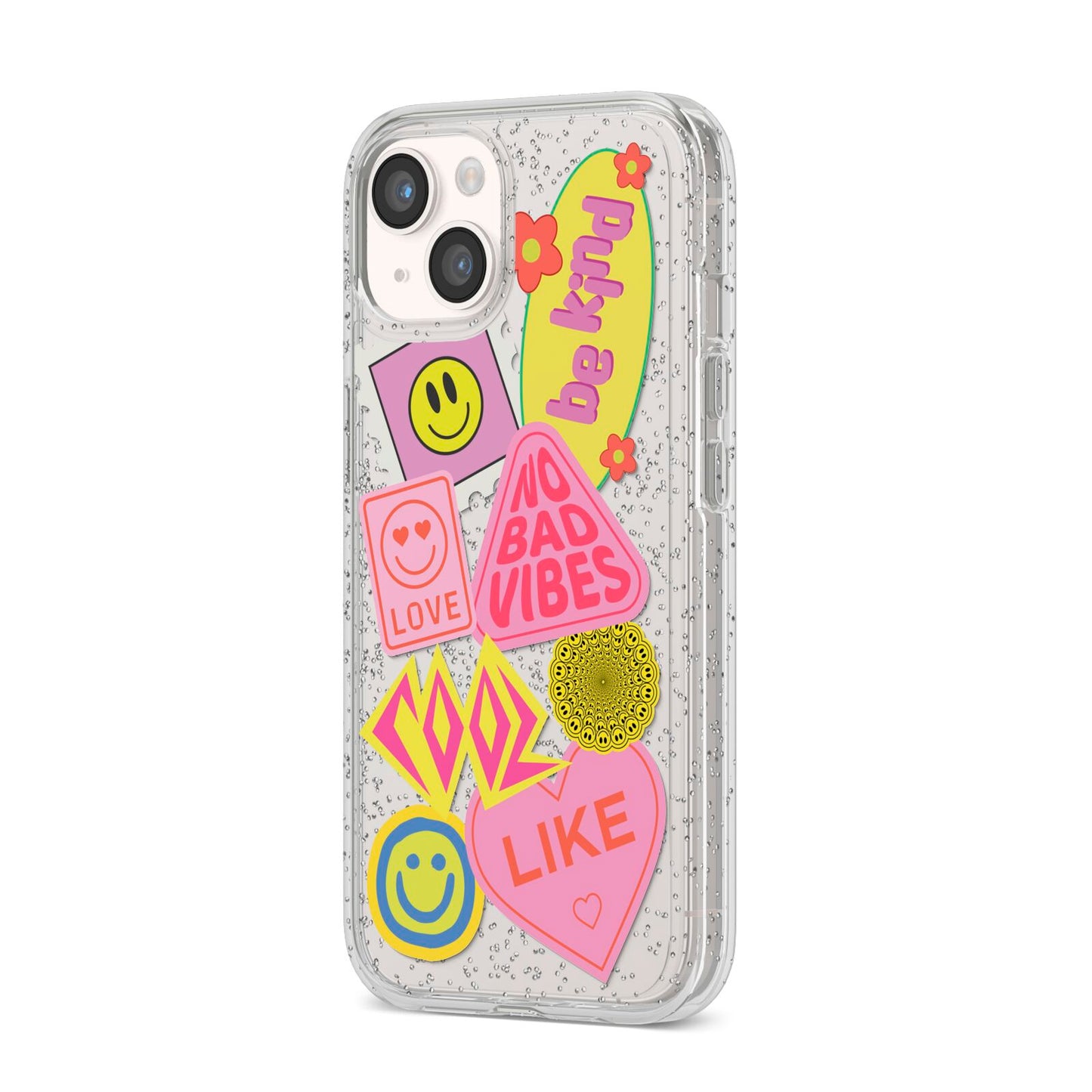 No Bad Vibes Sticker iPhone 14 Glitter Tough Case Starlight Angled Image