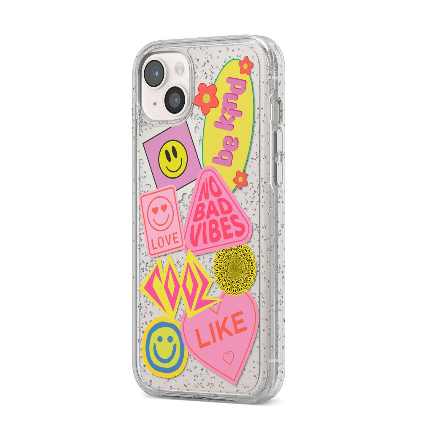 No Bad Vibes Sticker iPhone 14 Plus Glitter Tough Case Starlight Angled Image