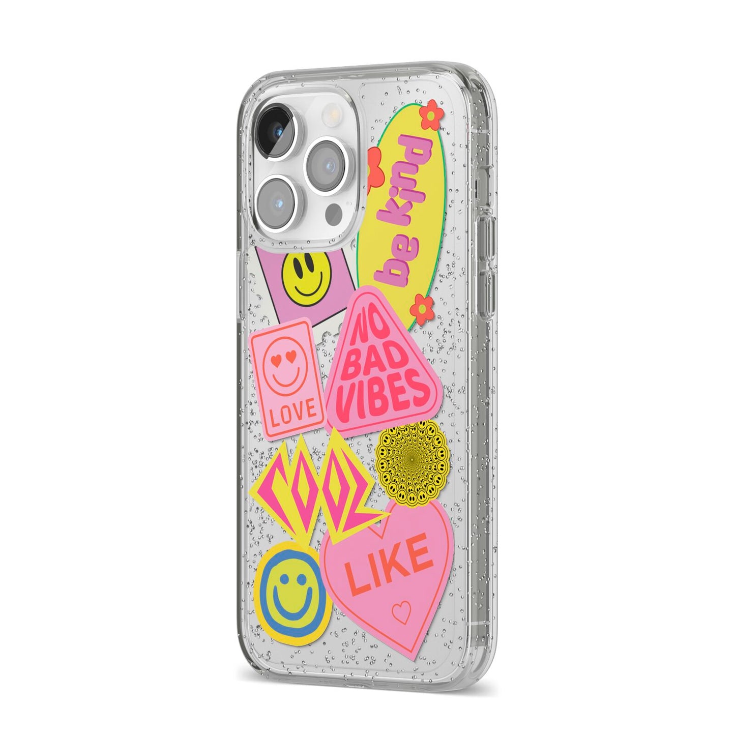 No Bad Vibes Sticker iPhone 14 Pro Max Glitter Tough Case Silver Angled Image