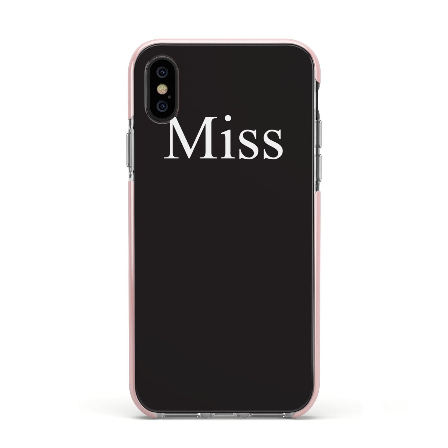 Non Personalised Miss Apple iPhone Xs Impact Case Pink Edge on Black Phone