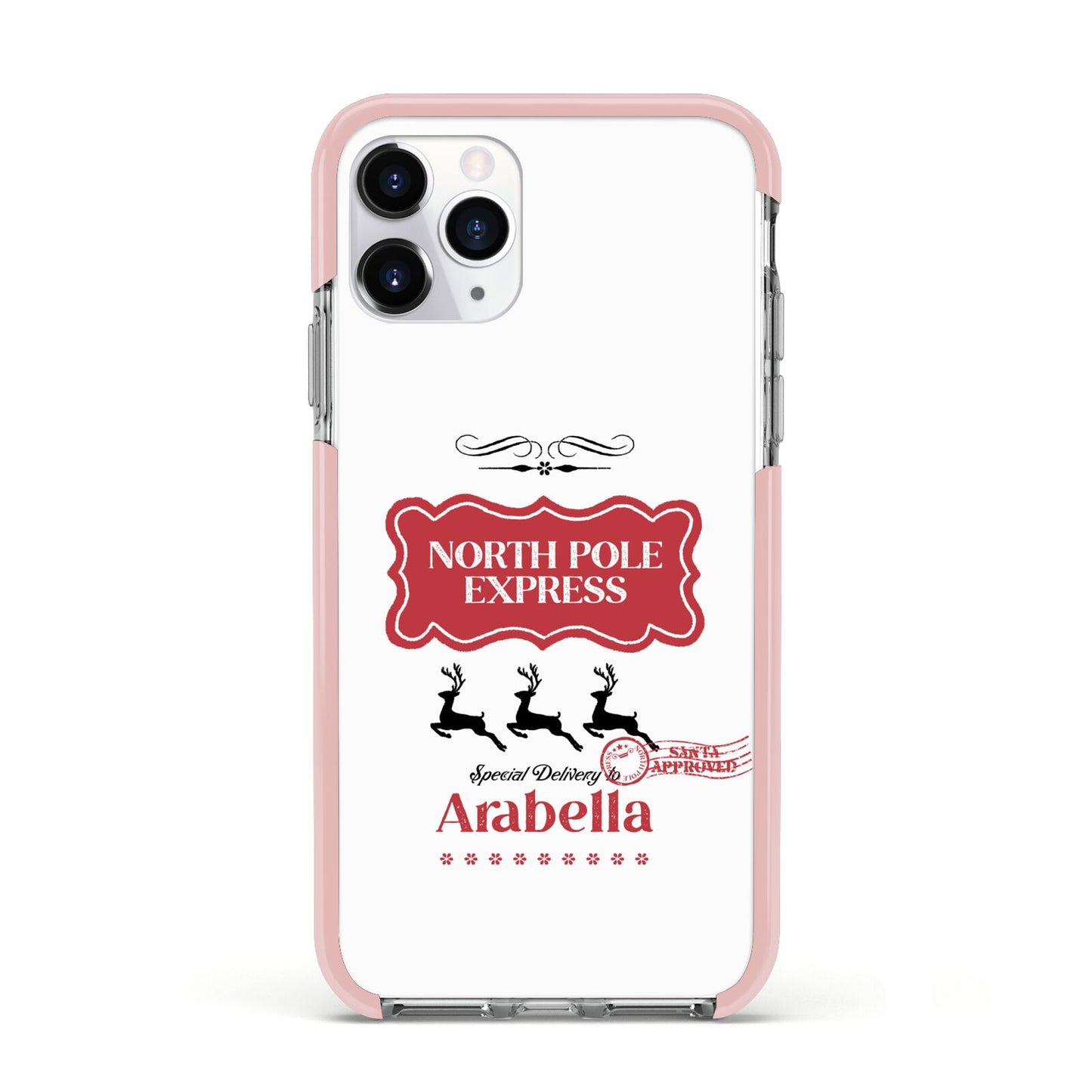 North Pole Express Personalised Apple iPhone 11 Pro in Silver with Pink Impact Case