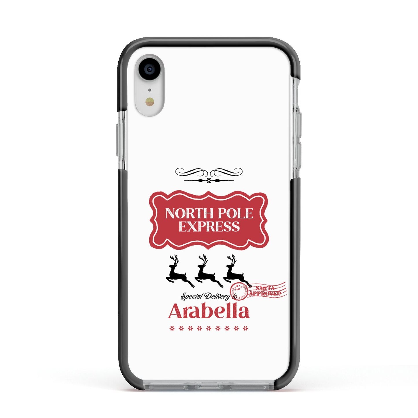 North Pole Express Personalised Apple iPhone XR Impact Case Black Edge on Silver Phone