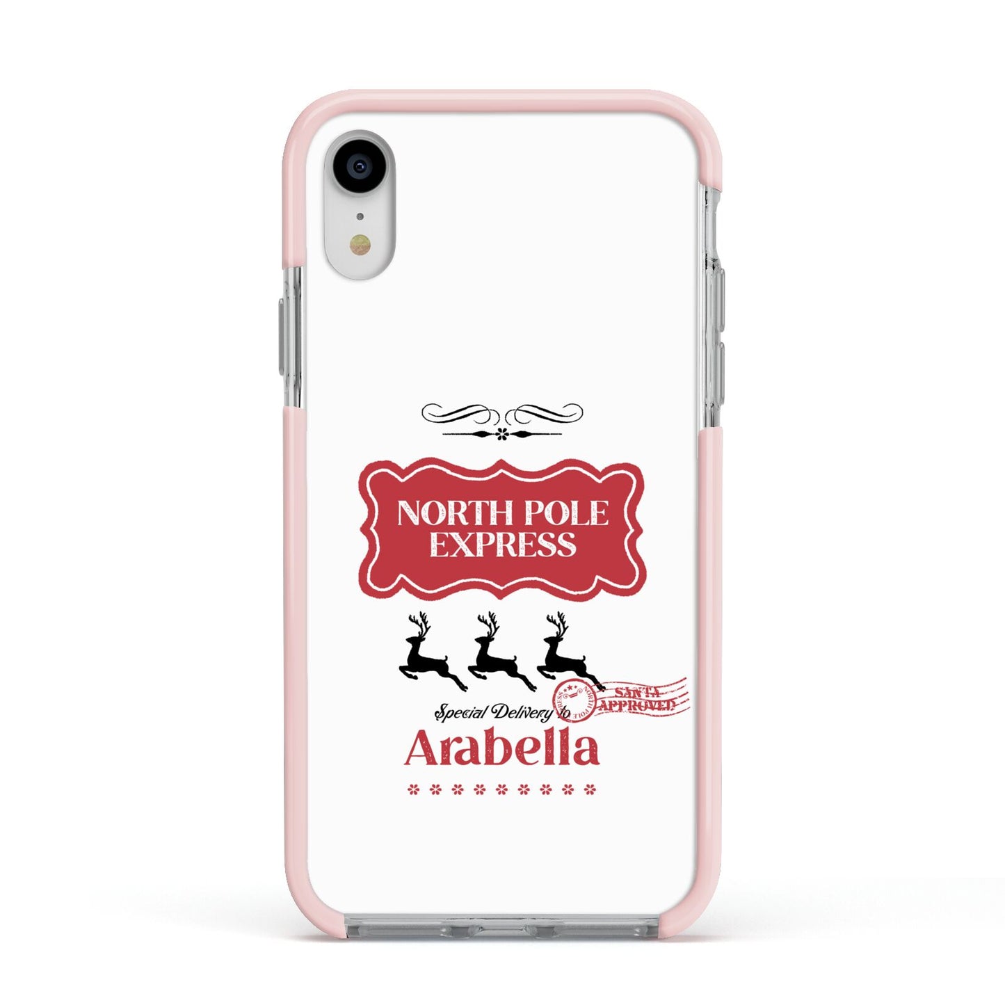 North Pole Express Personalised Apple iPhone XR Impact Case Pink Edge on Silver Phone