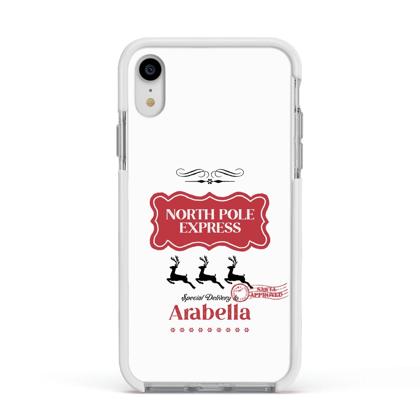 North Pole Express Personalised Apple iPhone XR Impact Case White Edge on Silver Phone