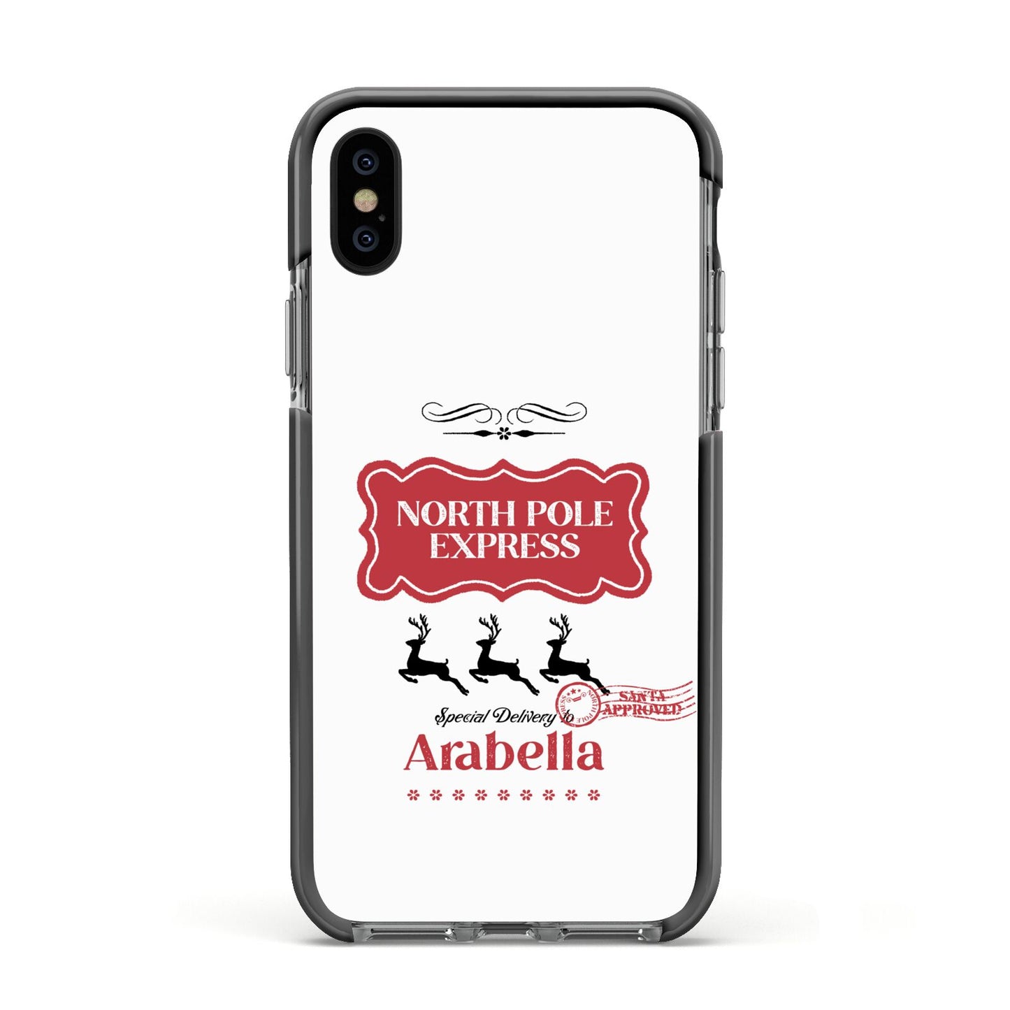 North Pole Express Personalised Apple iPhone Xs Impact Case Black Edge on Black Phone