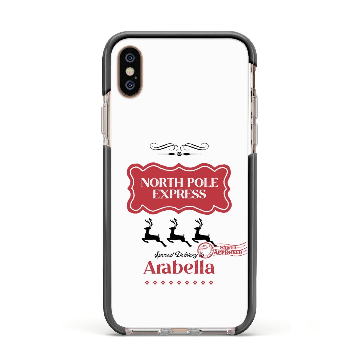 North Pole Express Personalised Apple iPhone Xs Impact Case Black Edge on Gold Phone