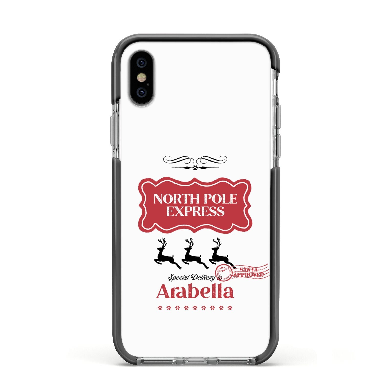 North Pole Express Personalised Apple iPhone Xs Impact Case Black Edge on Silver Phone