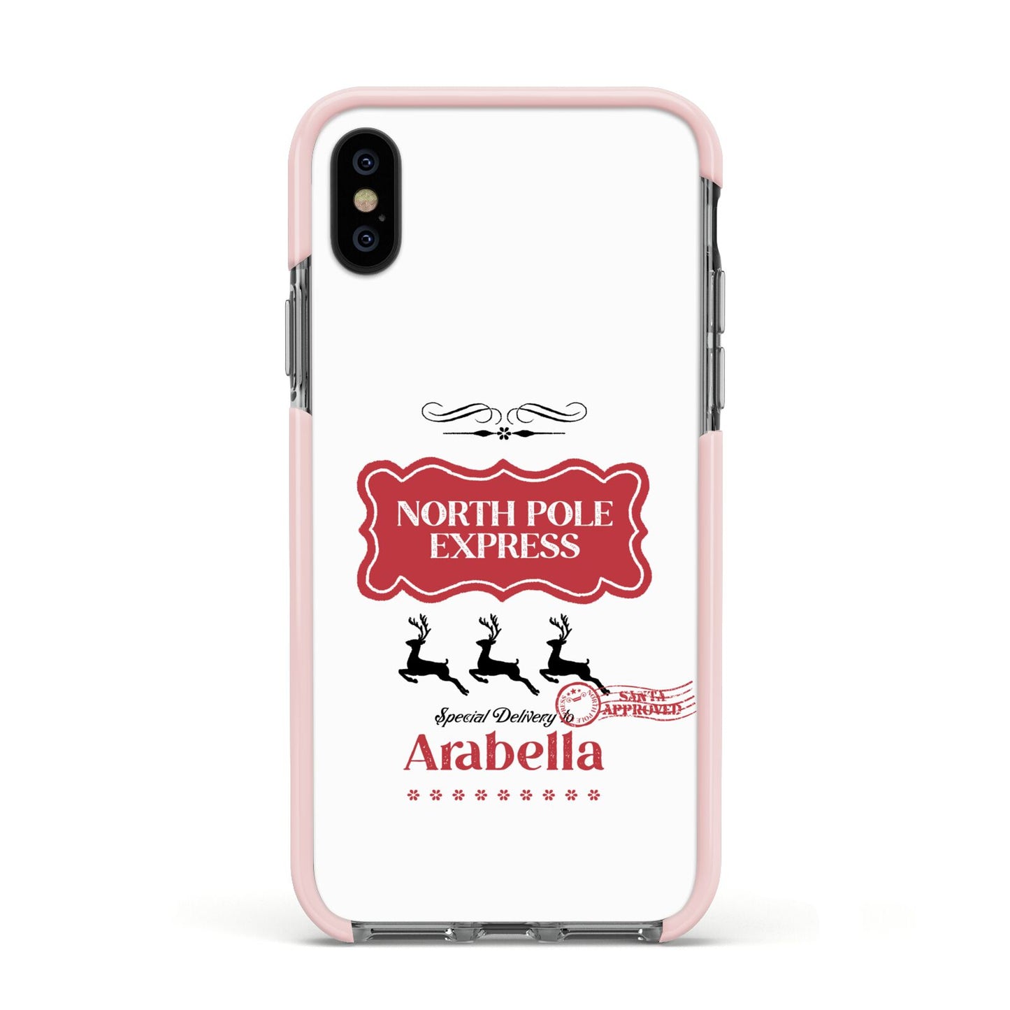 North Pole Express Personalised Apple iPhone Xs Impact Case Pink Edge on Black Phone