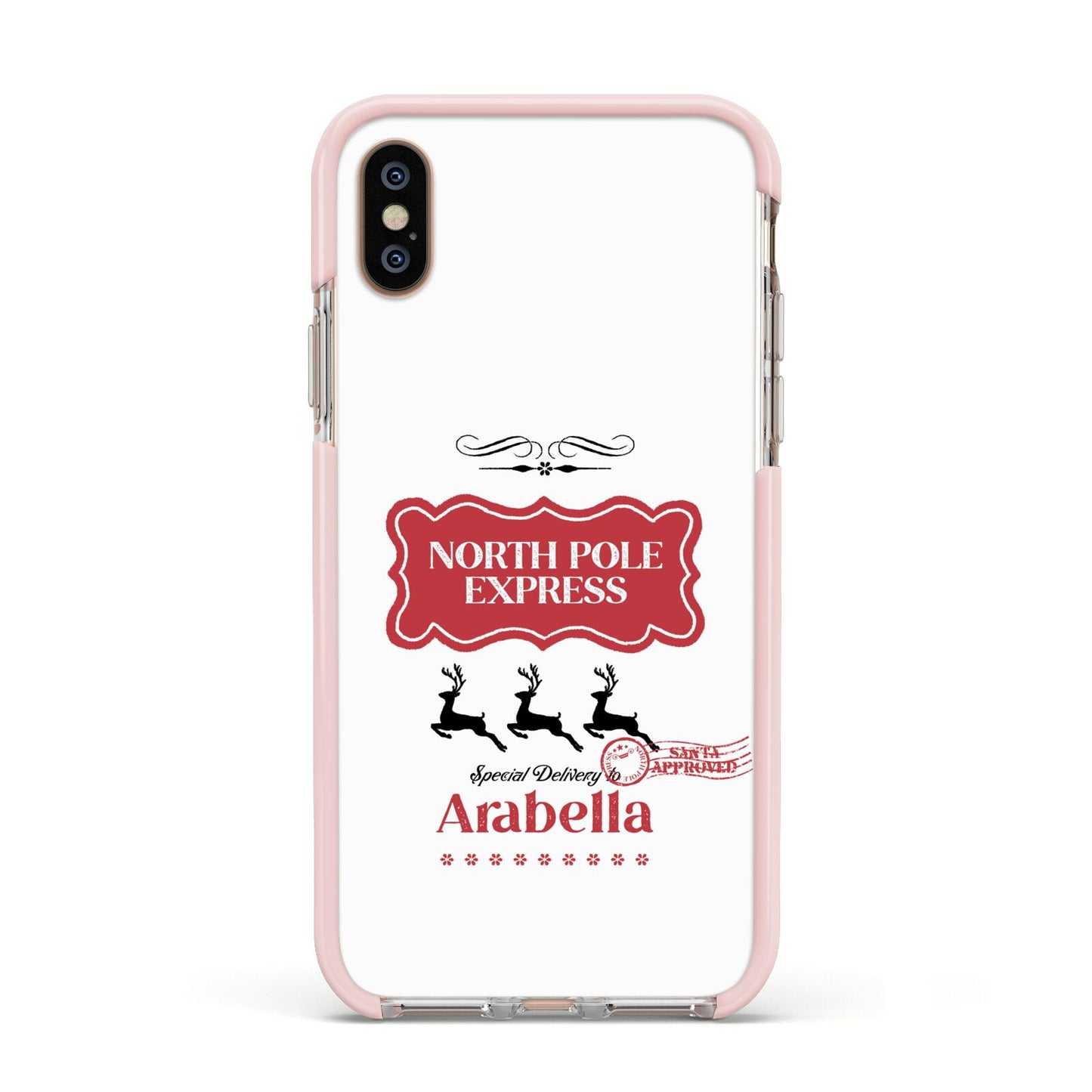 North Pole Express Personalised Apple iPhone Xs Impact Case Pink Edge on Gold Phone