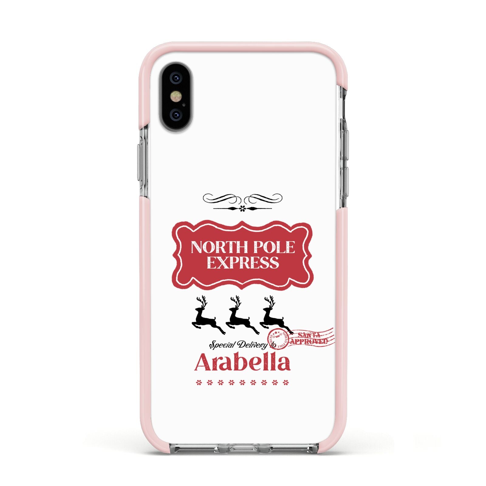 North Pole Express Personalised Apple iPhone Xs Impact Case Pink Edge on Silver Phone