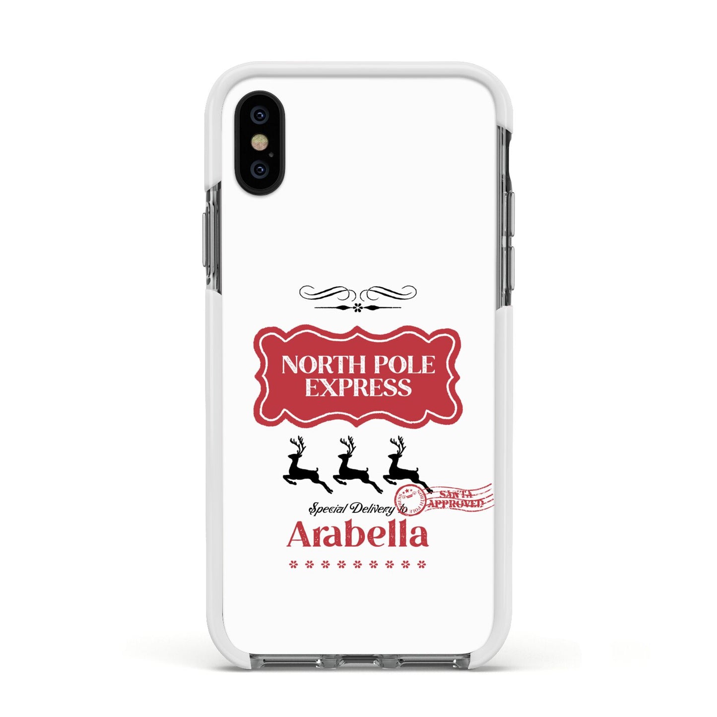 North Pole Express Personalised Apple iPhone Xs Impact Case White Edge on Black Phone