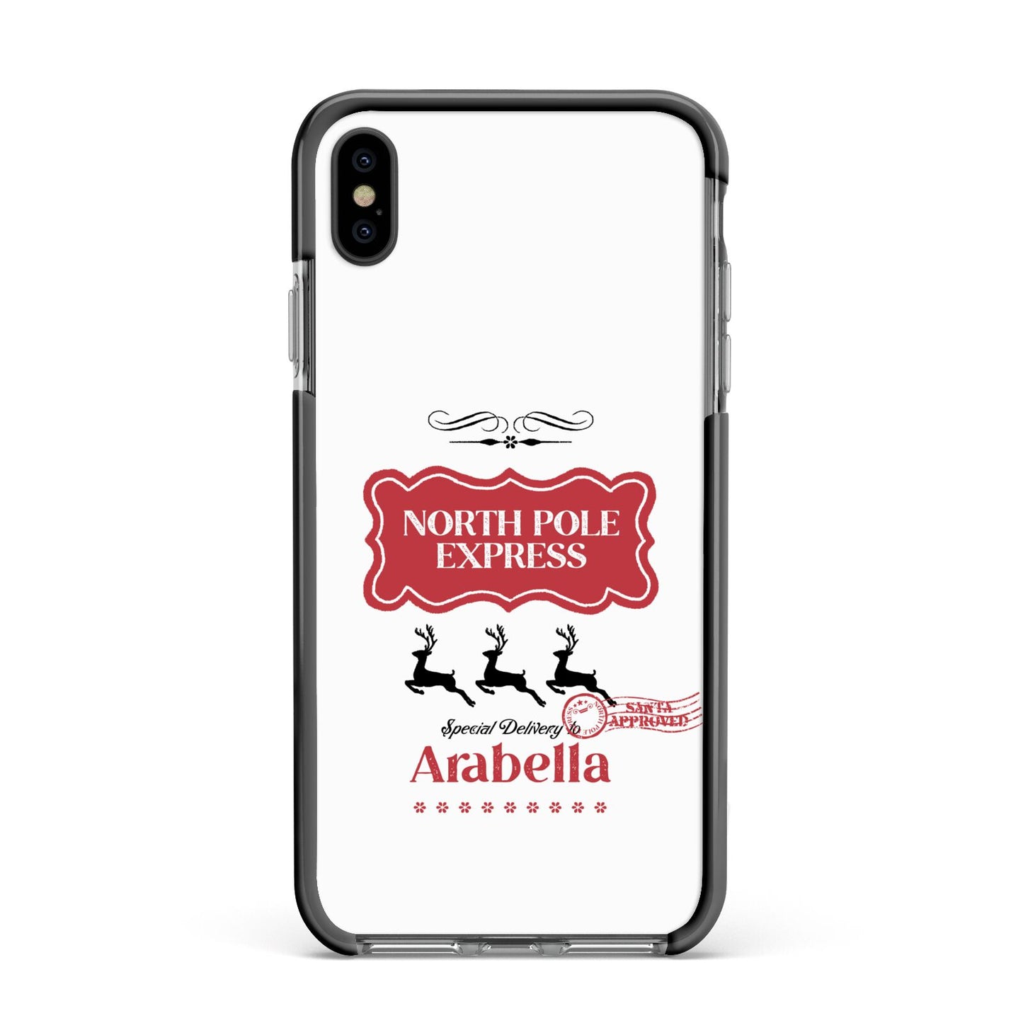 North Pole Express Personalised Apple iPhone Xs Max Impact Case Black Edge on Black Phone