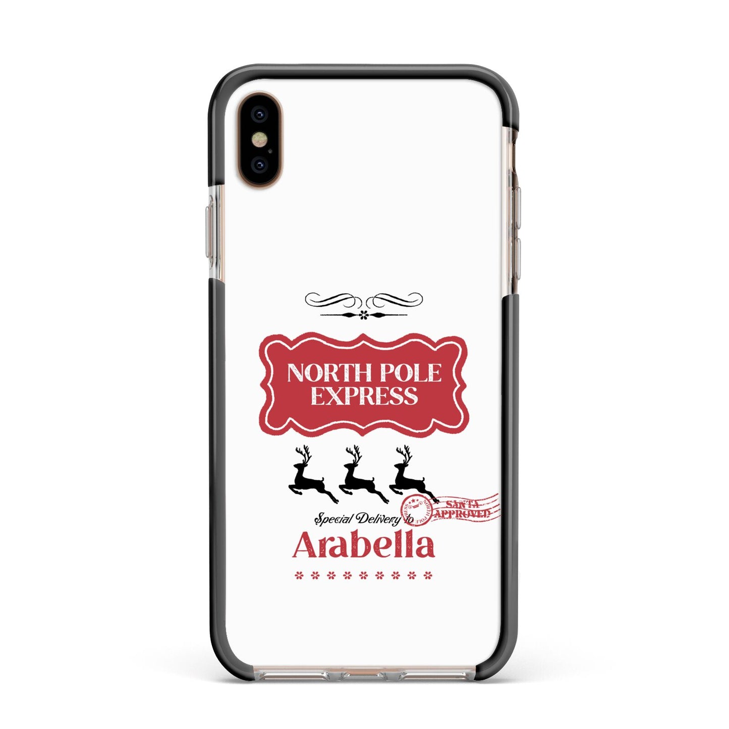 North Pole Express Personalised Apple iPhone Xs Max Impact Case Black Edge on Gold Phone