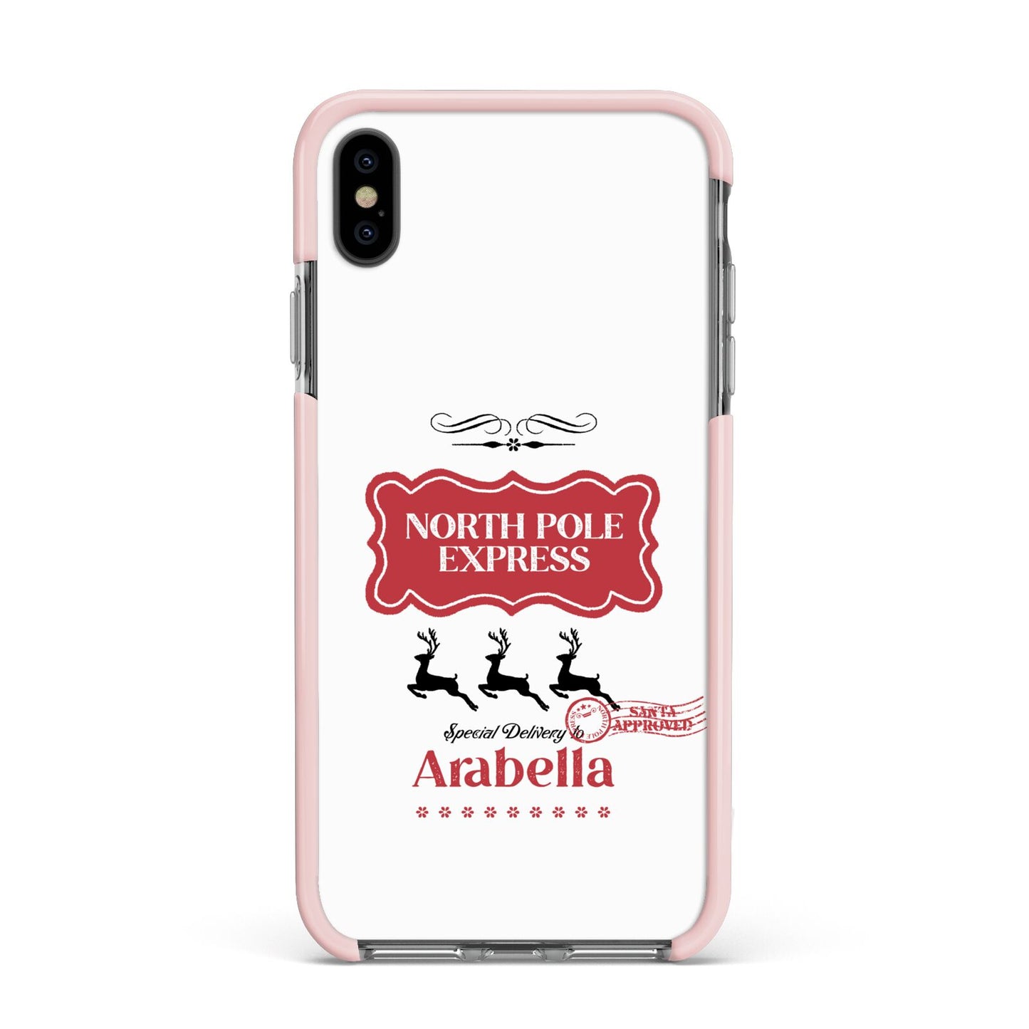 North Pole Express Personalised Apple iPhone Xs Max Impact Case Pink Edge on Black Phone