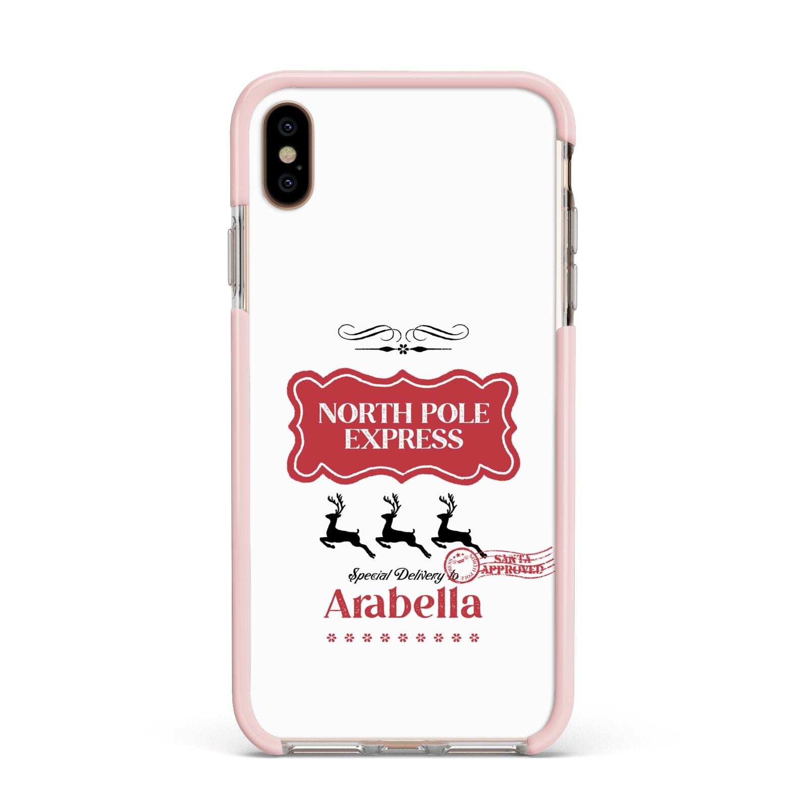 North Pole Express Personalised Apple iPhone Xs Max Impact Case Pink Edge on Gold Phone