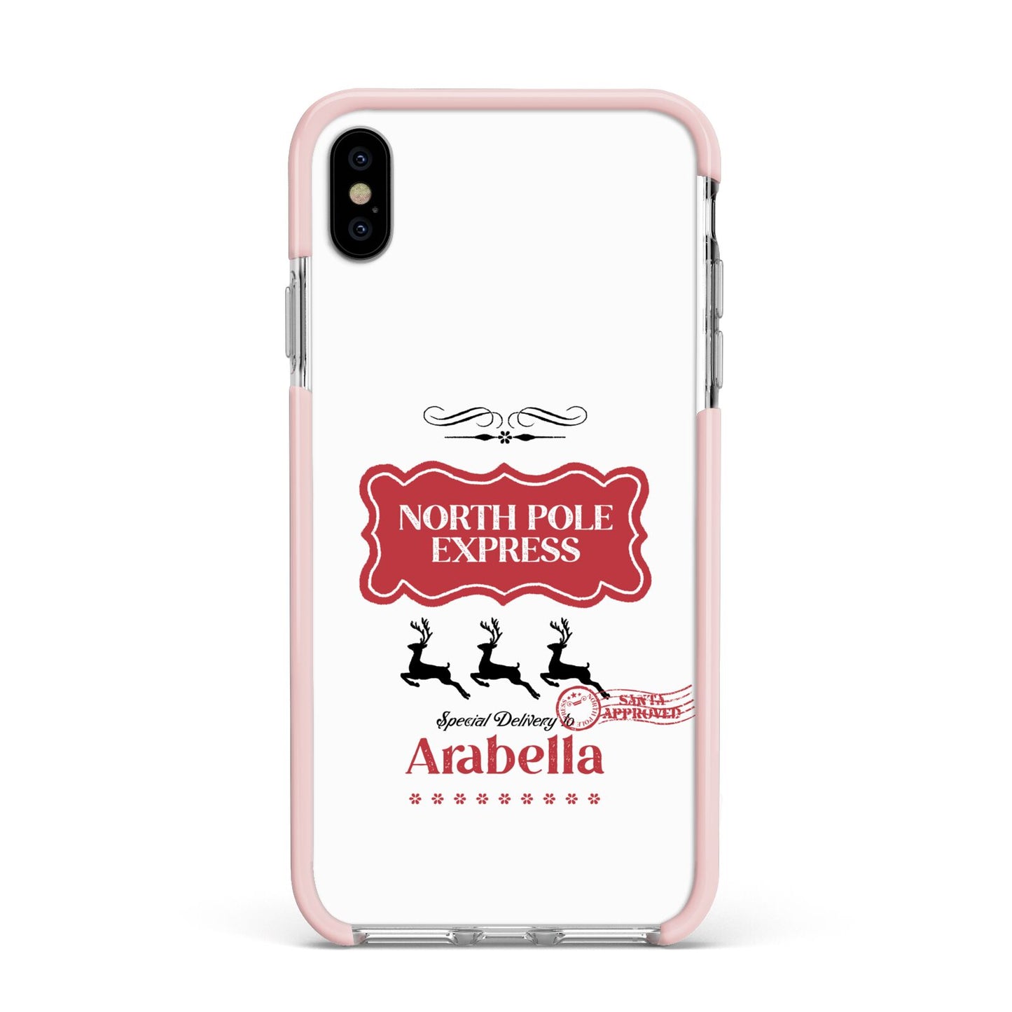 North Pole Express Personalised Apple iPhone Xs Max Impact Case Pink Edge on Silver Phone