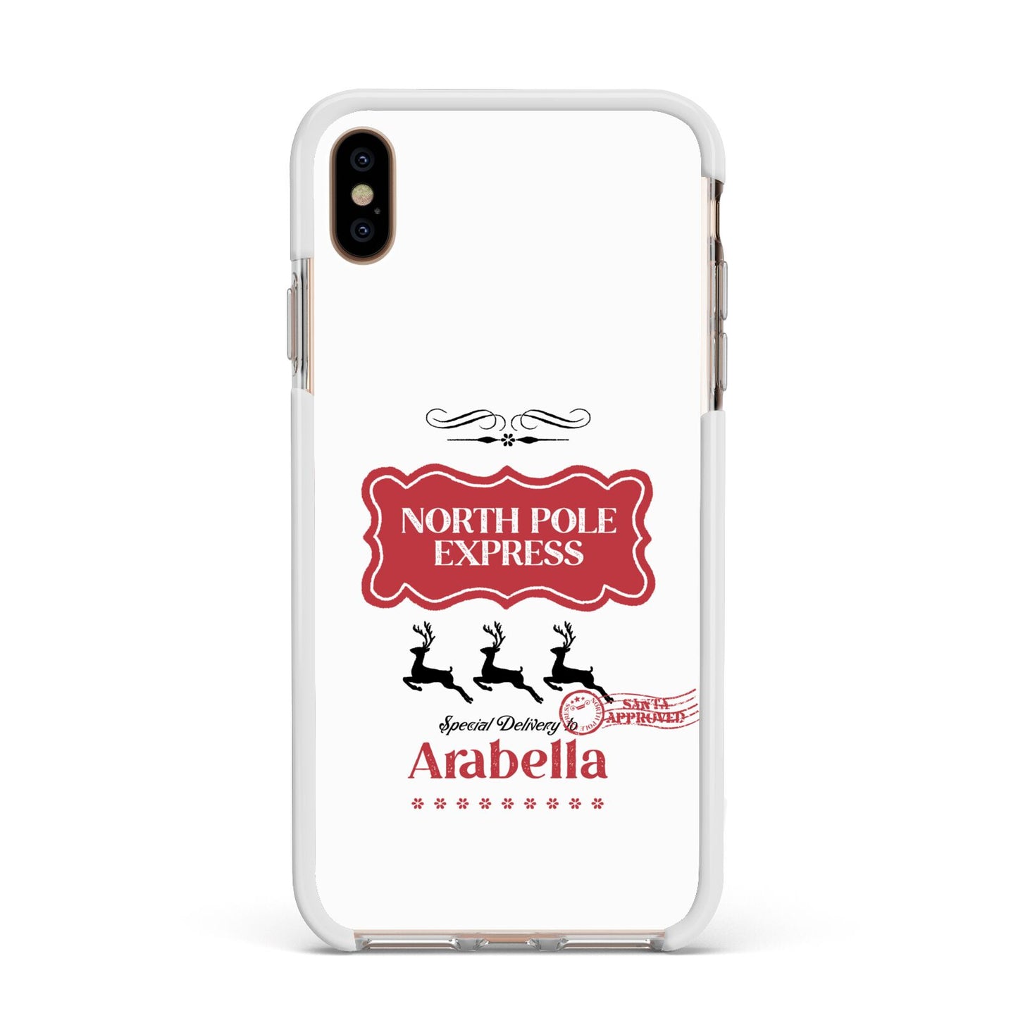 North Pole Express Personalised Apple iPhone Xs Max Impact Case White Edge on Gold Phone