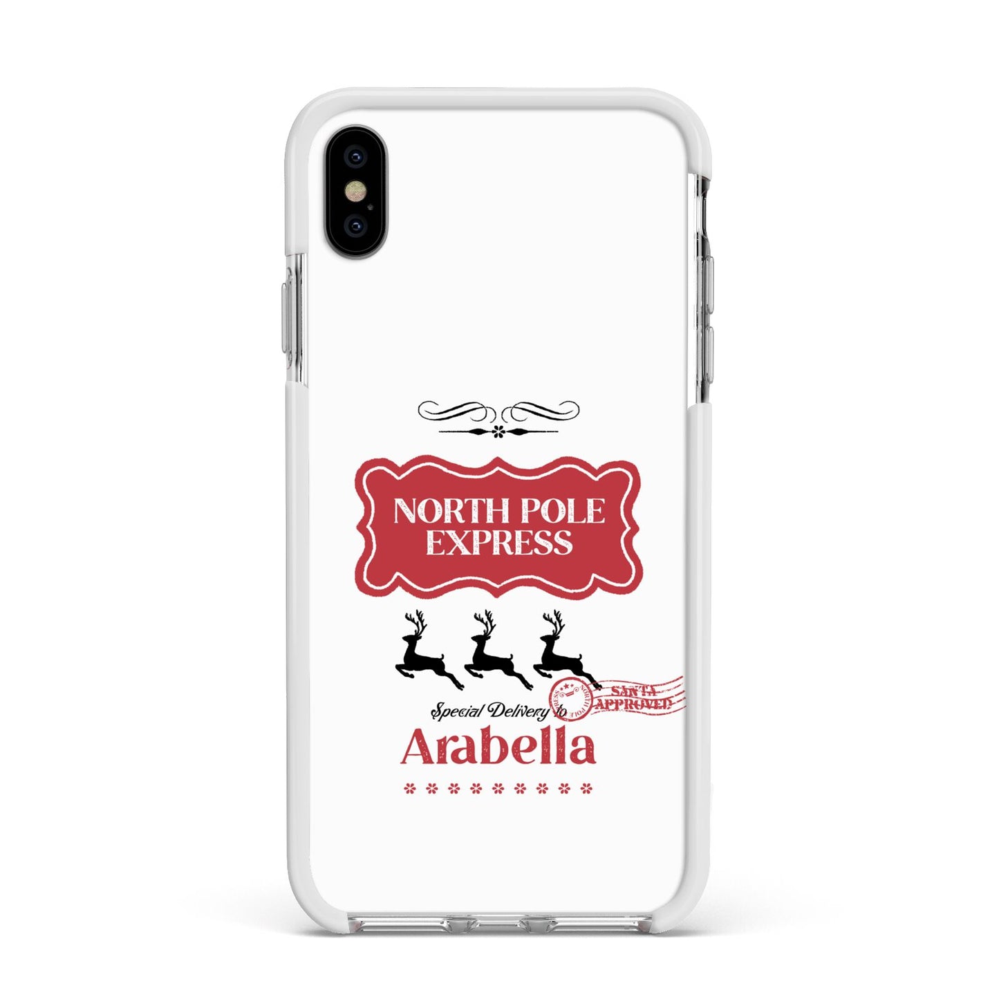 North Pole Express Personalised Apple iPhone Xs Max Impact Case White Edge on Silver Phone