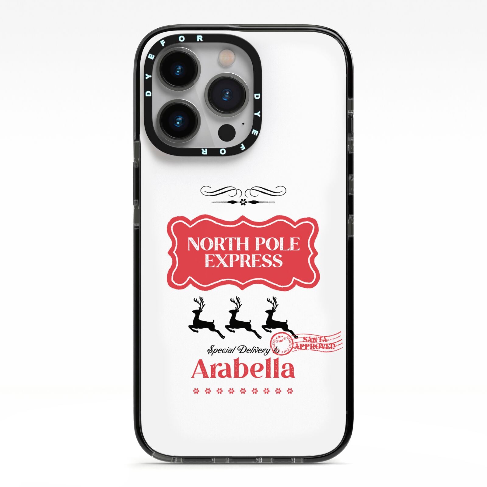 North Pole Express Personalised iPhone 13 Pro Black Impact Case on Silver phone