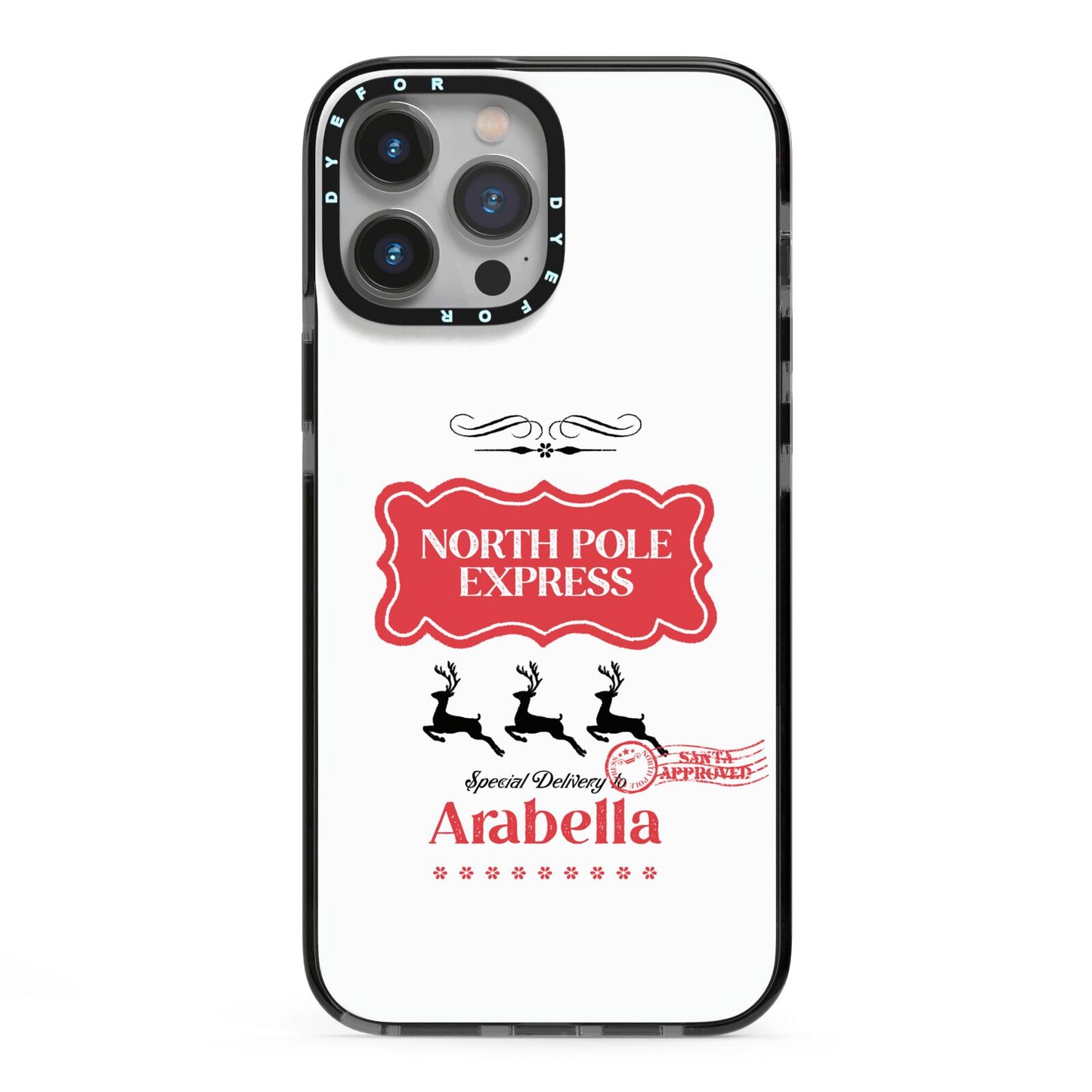 North Pole Express Personalised iPhone 13 Pro Max Black Impact Case on Silver phone