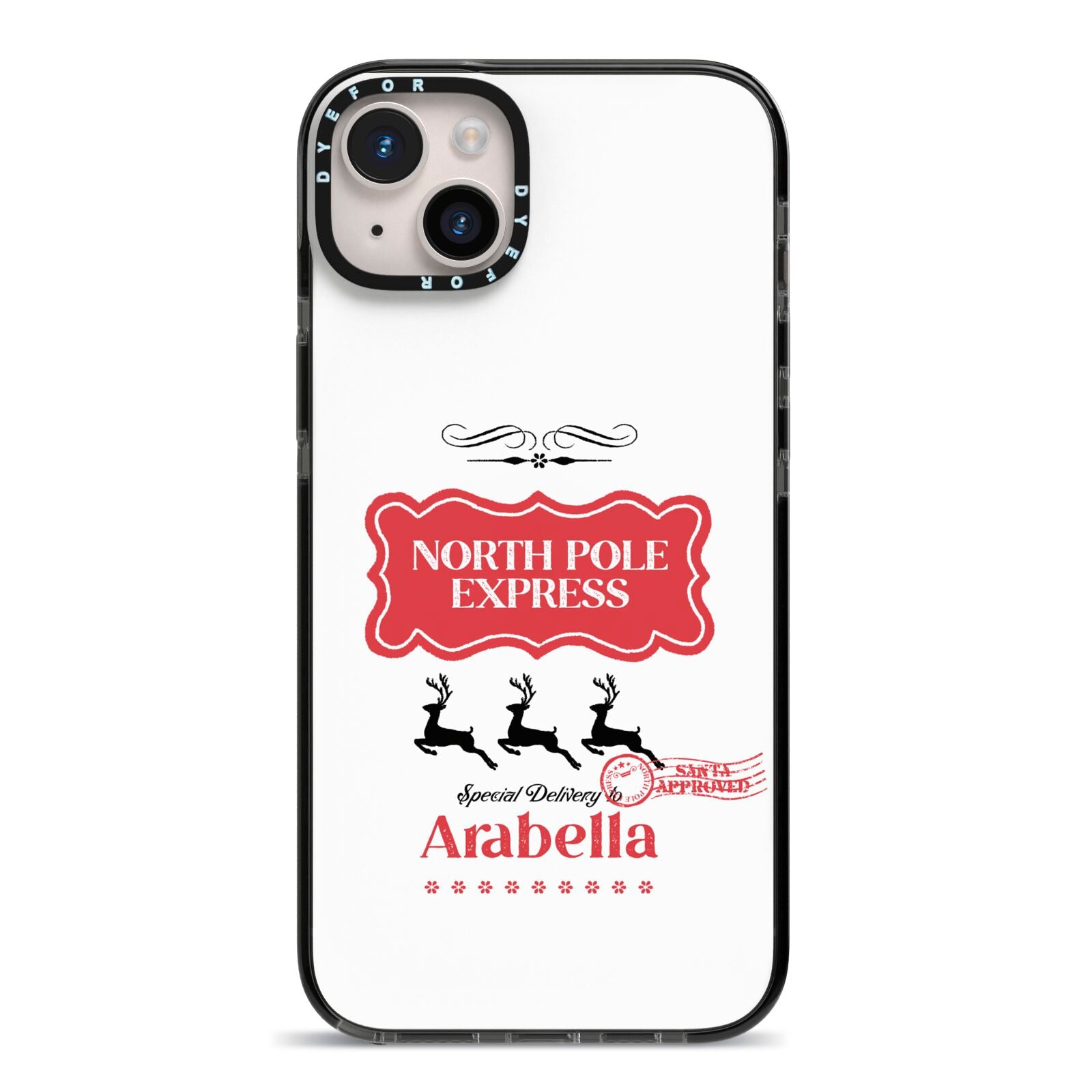 North Pole Express Personalised iPhone 14 Plus Black Impact Case on Silver phone